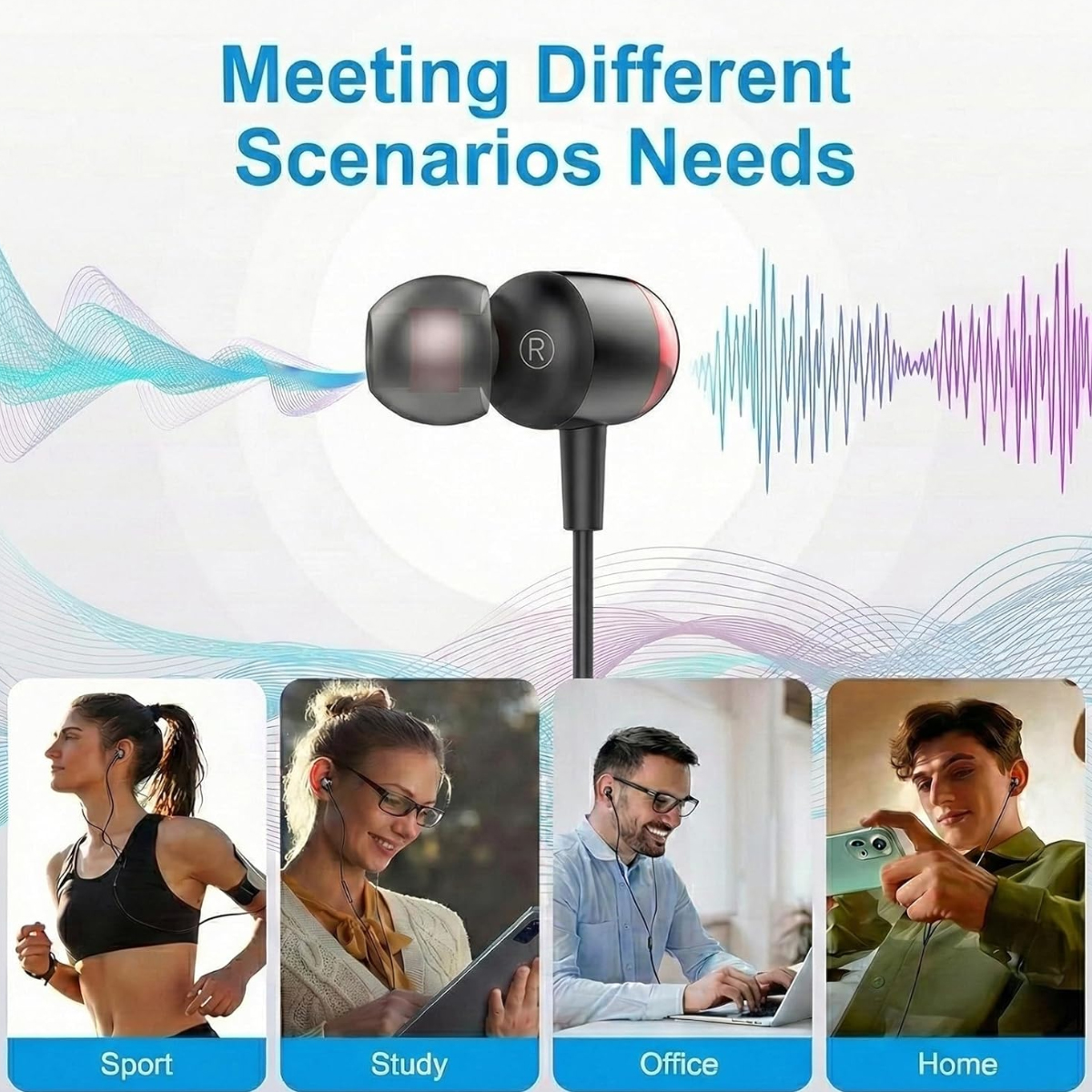 Wired earbuds with sound waves and four people using them for sport, study, office, and home.