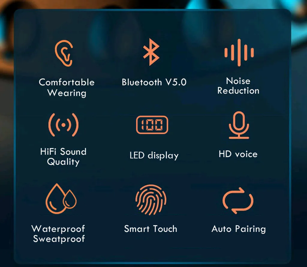 Blaue Grafik mit neun orangeroten Symbolen und Texten für Bluetooth-Ohrhörer-Funktionen.