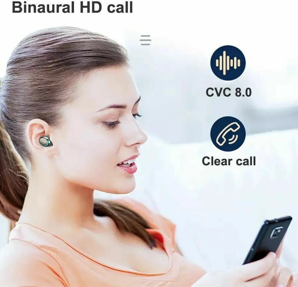 Eine Frau mit Ohrhörern telefoniert mit ihrem Smartphone, Text und Symbole zeigen HD-Anruffunktionen.