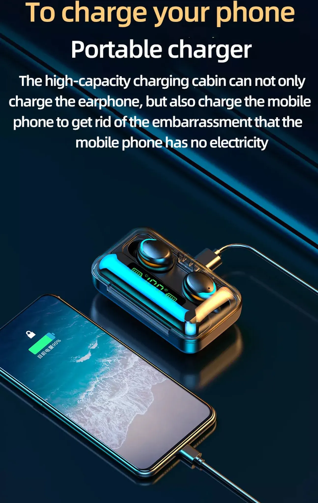 Tragbares Kopfhörer-Ladecase, das auch ein Smartphone auflädt, auf dunkler Oberfläche.