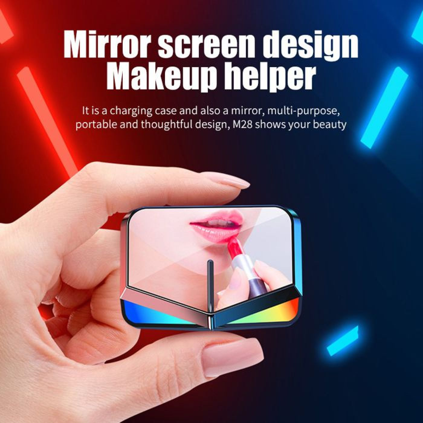 Eine Hand hält einen Kompaktspiegel, der Lippen mit Lippenstift reflektiert, vor rot und blau leuchtendem Hintergrund.