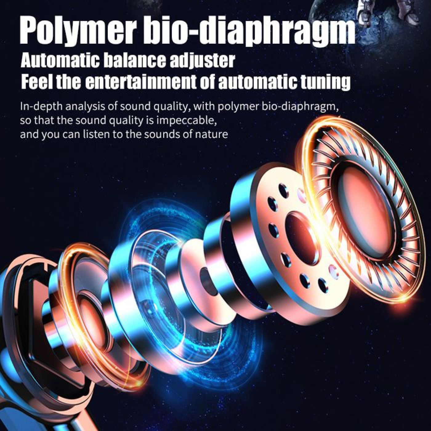 Explosionsansicht eines Polymer-Bio-Membran-Lautsprechertreibers vor dunklem kosmetischem Hintergrund mit Werbetext.