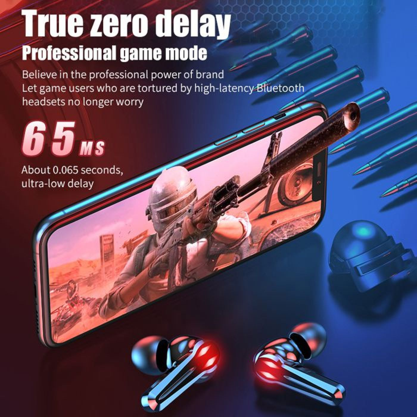 Smartphone mit Mobile-Game-Anzeige, kabellosen Ohrhörern und Patronen auf blauem Hintergrund mit Werbetext.