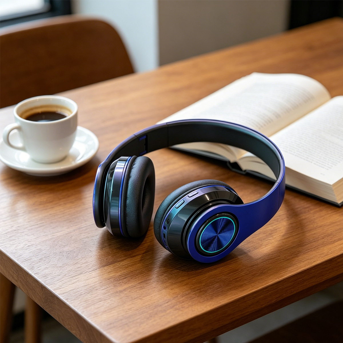 Blaue Kopfhörer, eine Tasse Kaffee und ein offenes Buch auf einem Holztisch.