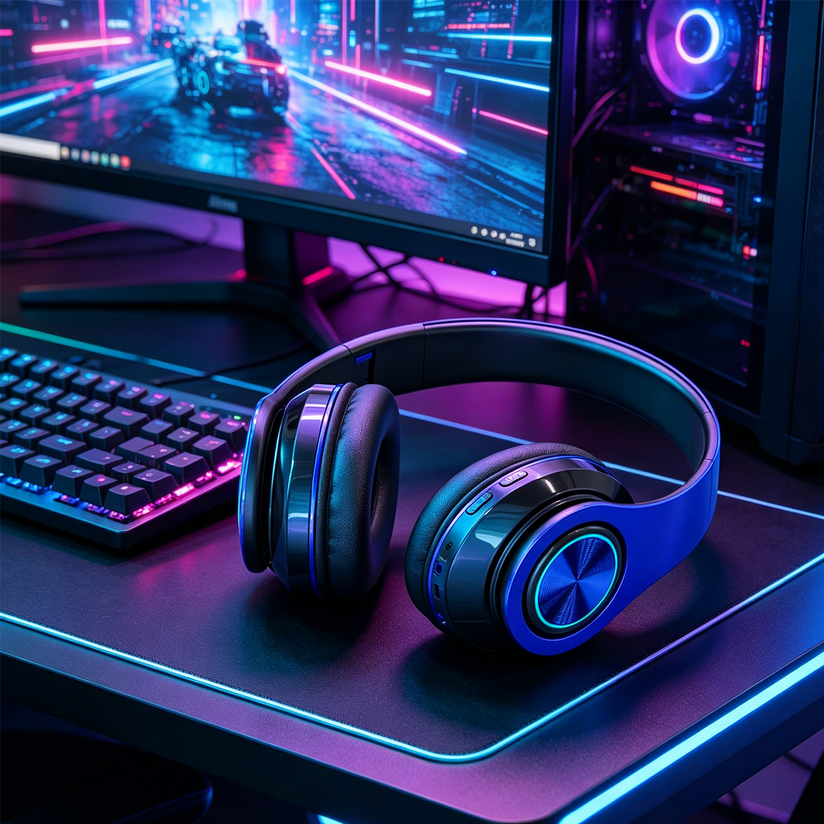 Blaue Gaming-Kopfhörer auf einem beleuchteten Schreibtisch mit Tastatur und Monitor.