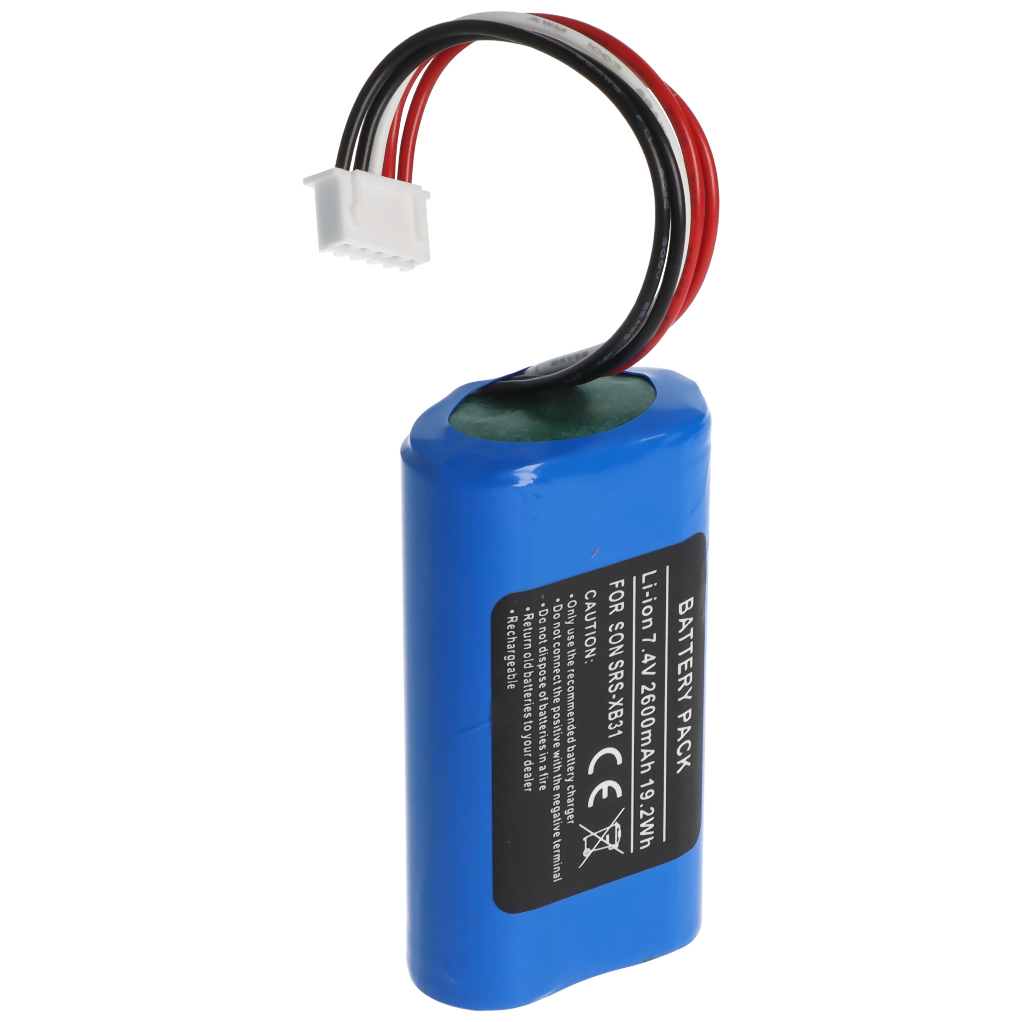 Una batteria blu con testo nero e fili rossi, bianchi e neri collegati con un connettore bianco.