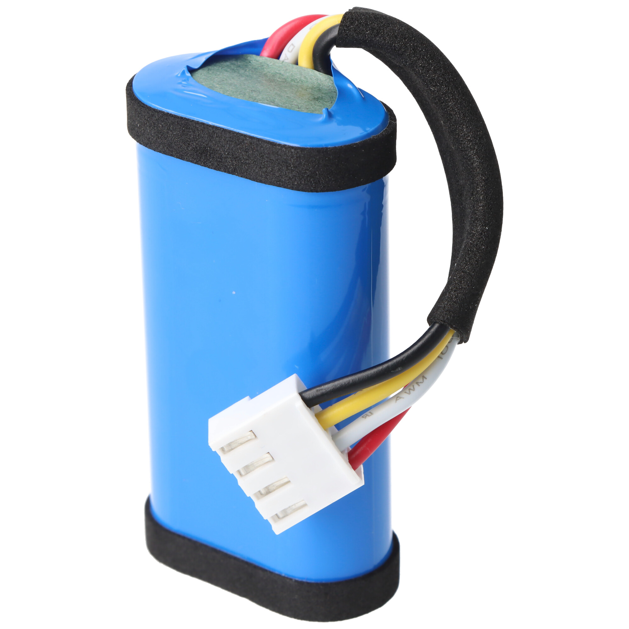 Ein blauer zylindrischer Akku mit schwarzen Schutzrändern und einem mehradrigen Stecker auf weißem Hintergrund.
