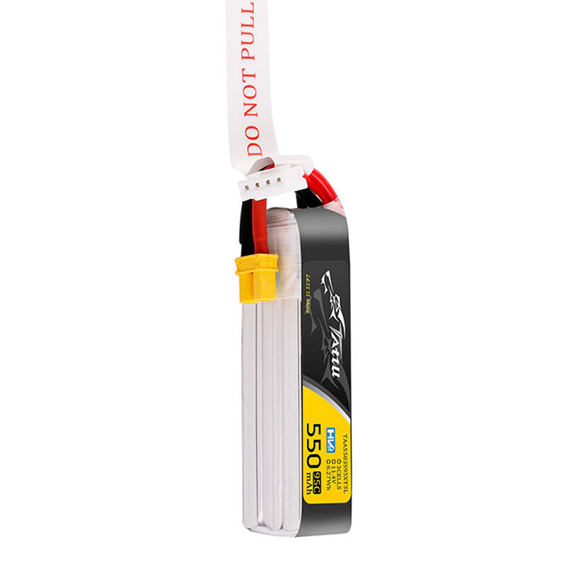 Batteria LiPo da 550mAh con connettore XT30 giallo e linguetta bianca DO NOT PULL.