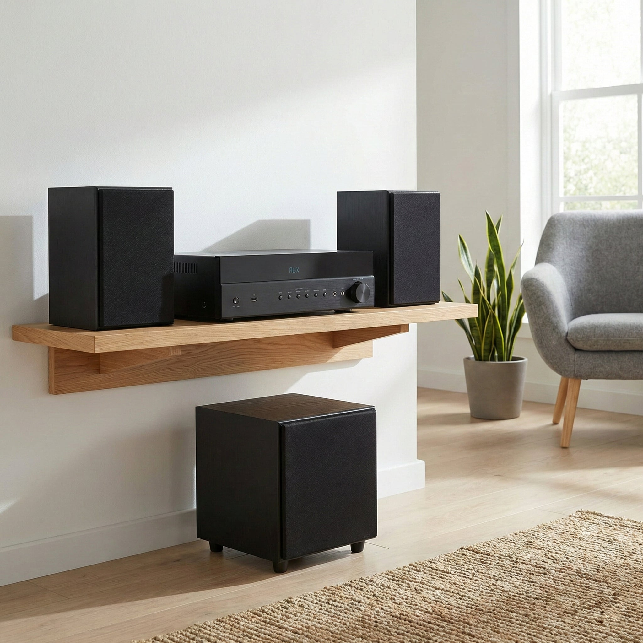 Ein schwarzer Audio-Receiver und zwei Lautsprecher stehen auf einem Holzregal, darunter ein Subwoofer.