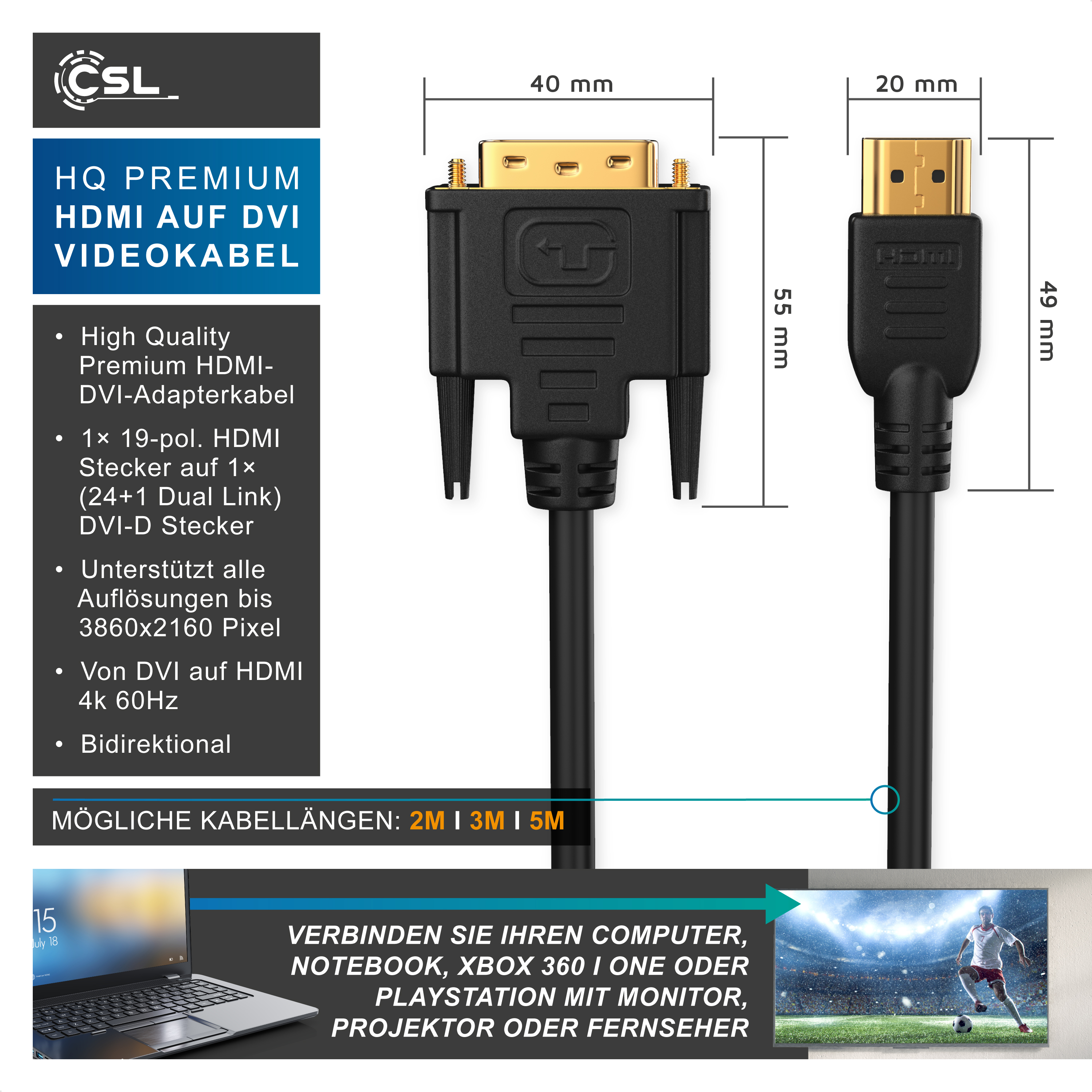 Technisches Bild eines CSL HDMI-auf-DVI-Kabels mit Maßen, Merkmalen und Anwendungsbeispielen.