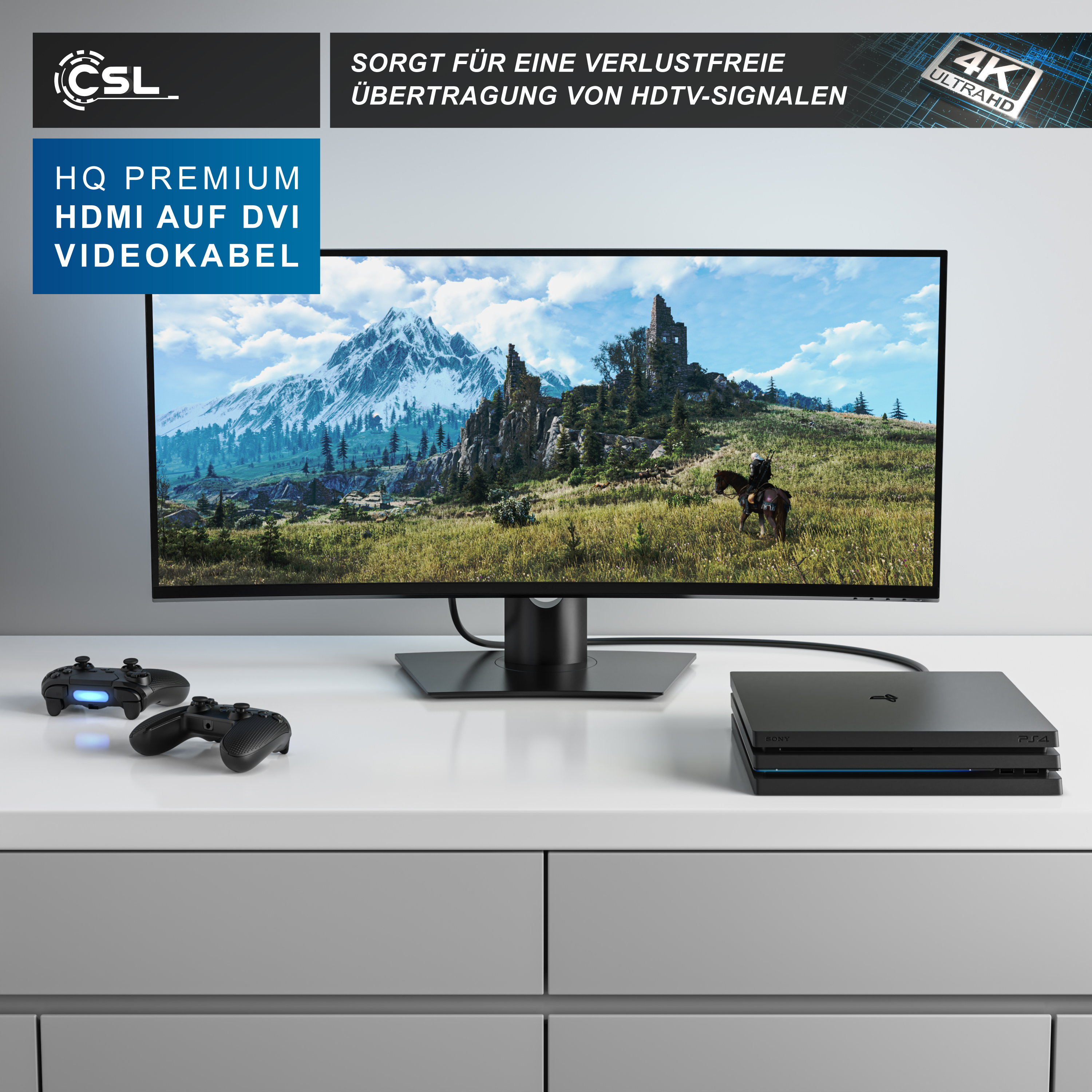 Ein Monitor mit Landschaft, zwei Controller und eine Konsole auf weißem Schreibtisch mit Text-Overlays.