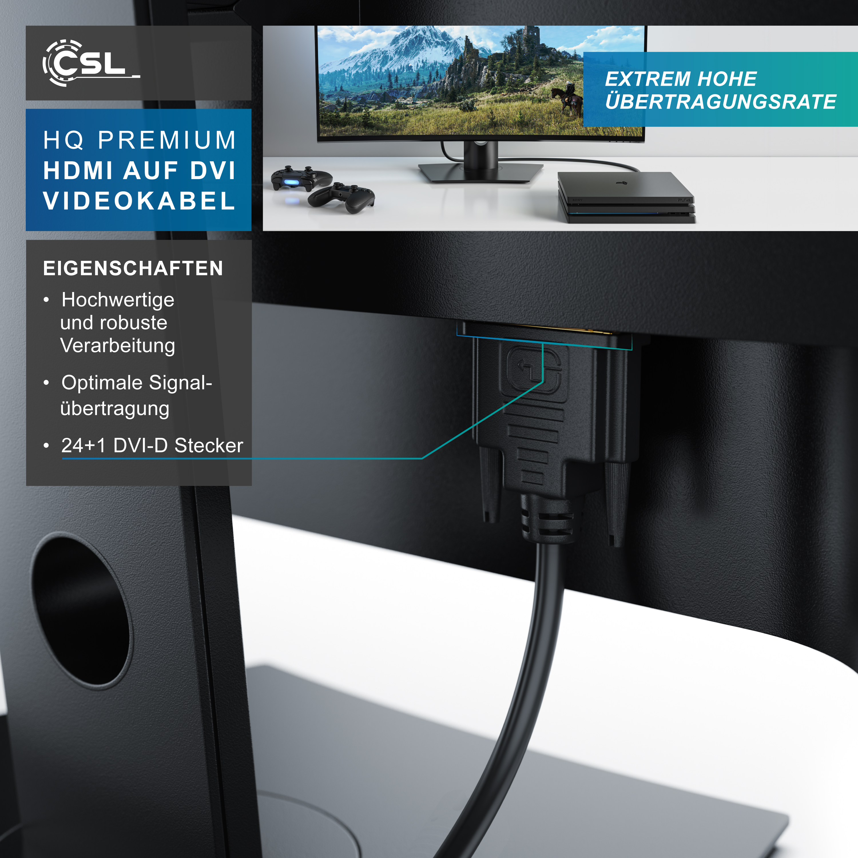 Ein DVI-D Stecker in einem Monitor, mit Textfeldern und Produktgrafiken für HDMI-auf-DVI-Kabel.