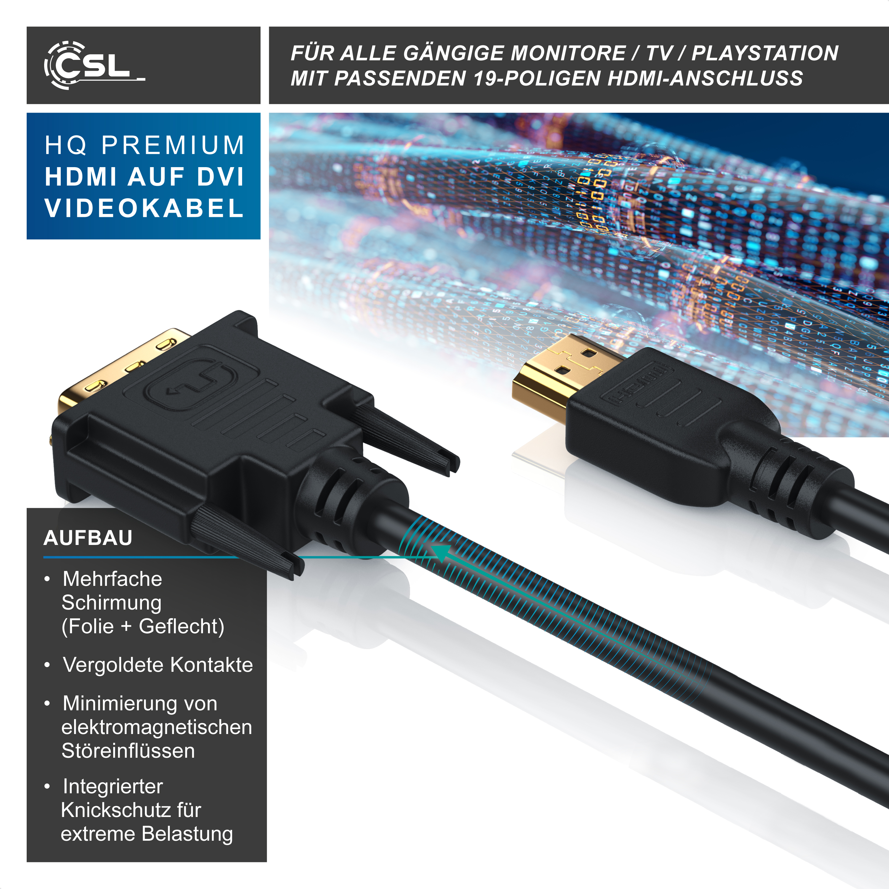 Ein HDMI-zu-DVI-Kabel mit schwarzen Steckern und Texten, die die Eigenschaften hervorheben.