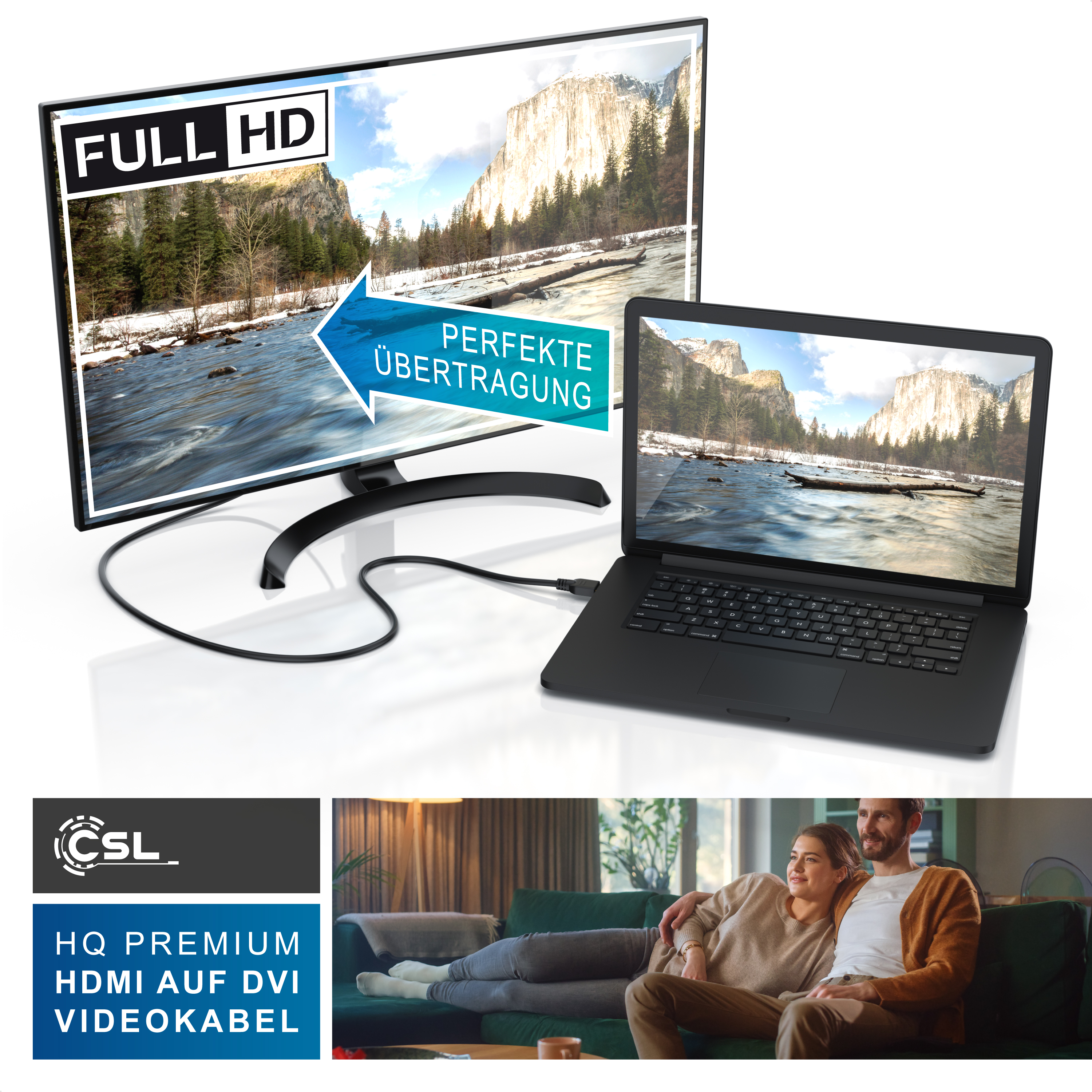 Ein Laptop per Kabel an einen Full-HD-Monitor angeschlossen, mit CSL-Logo und einem entspannenden Paar.