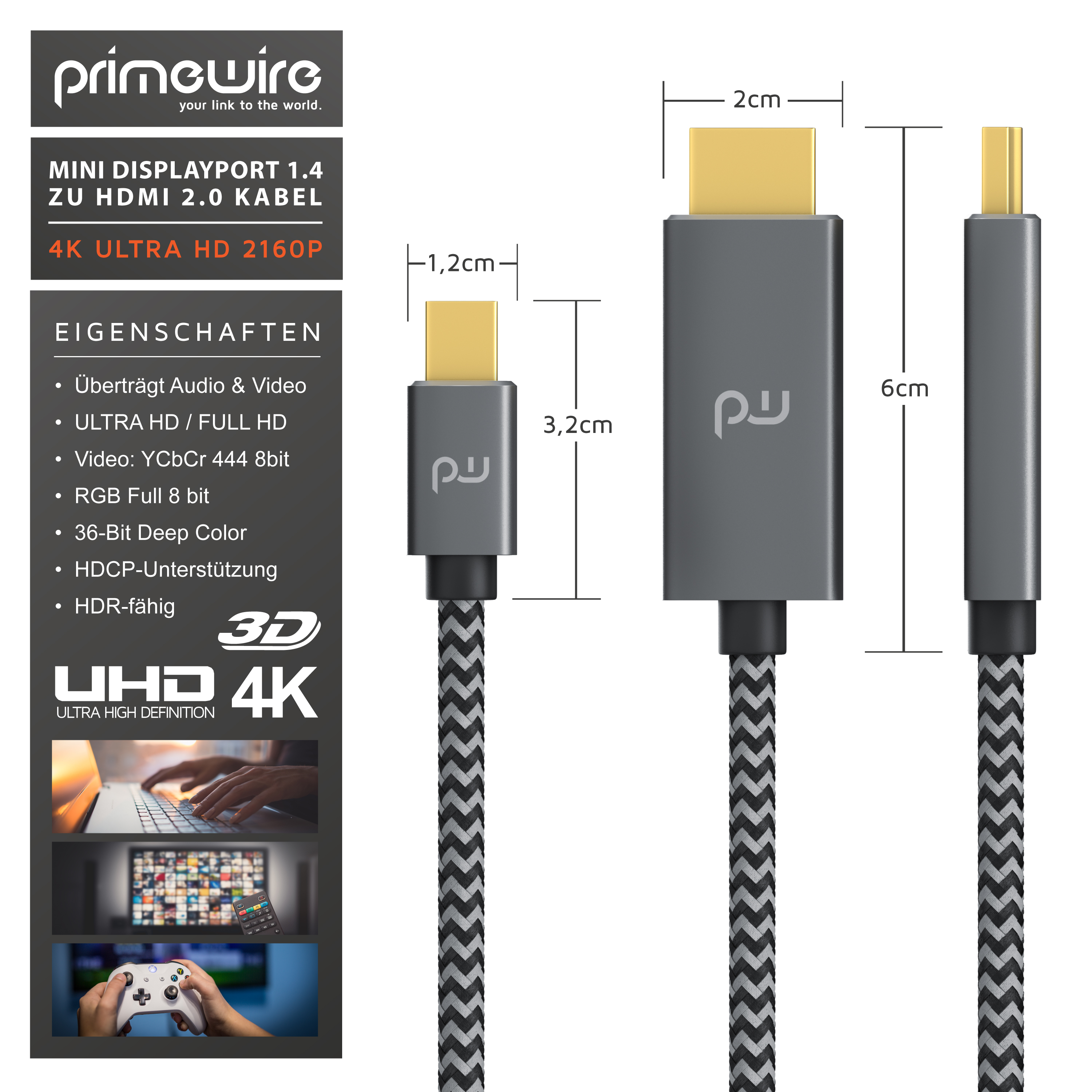 Technische Zeichnung mit Produktmerkmalen und Maßangaben für ein Primewire Mini DisplayPort zu HDMI Kabel.