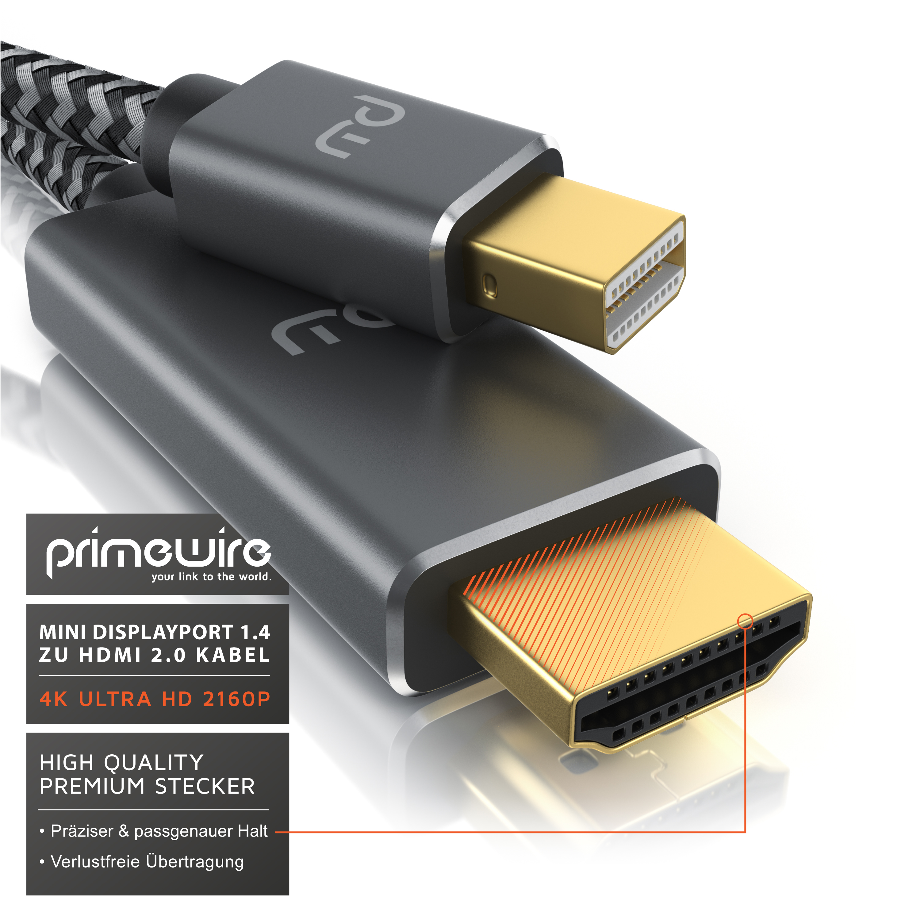 Primewire Mini DisplayPort 1.4 zu HDMI 2.0 Adapterkabel mit vergoldeten Anschlüssen und geflochtenem Kabel.