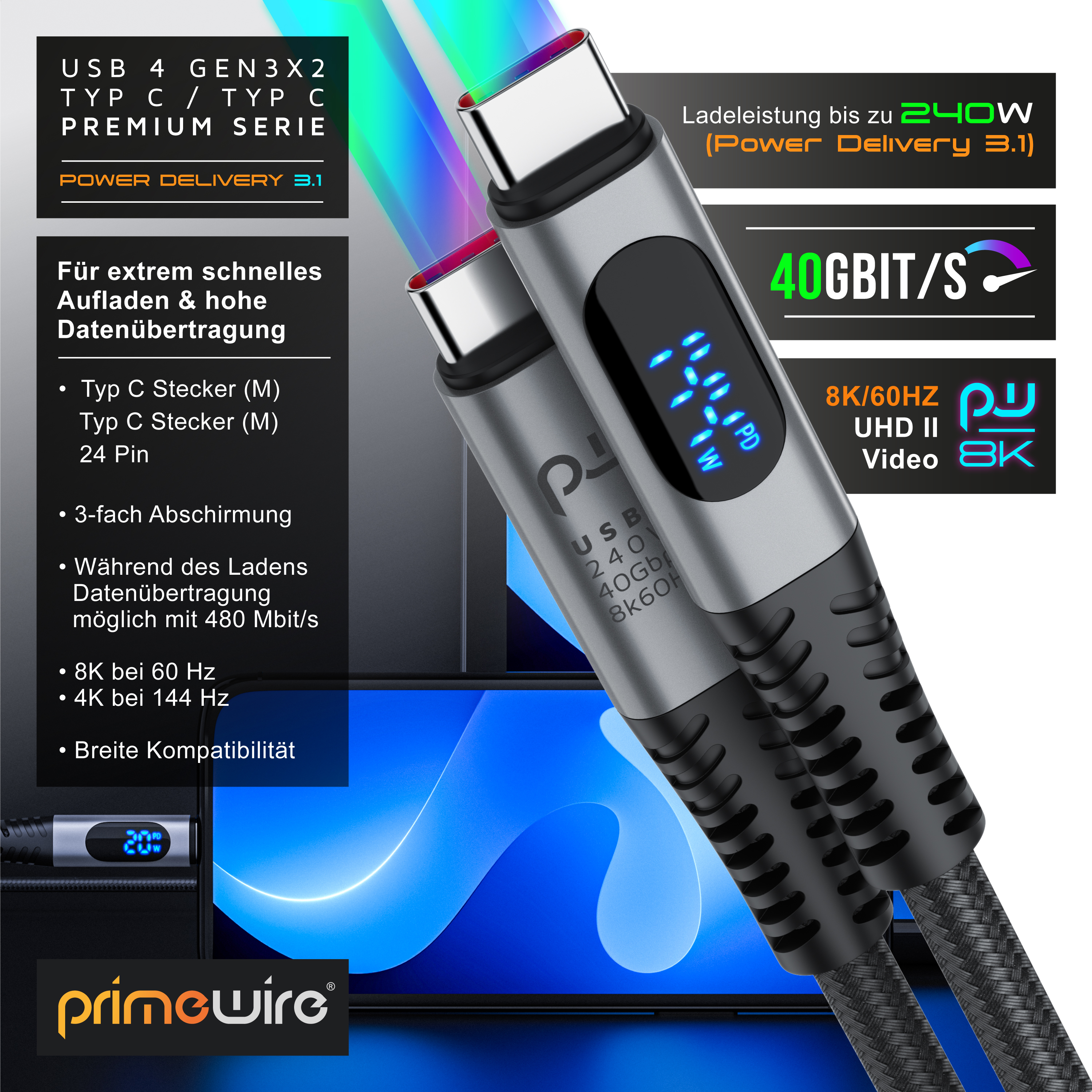 Primewire USB-C-Kabel mit LCD-Display und bunten Lichtstrahlen gegen schwarzen Hintergrund.