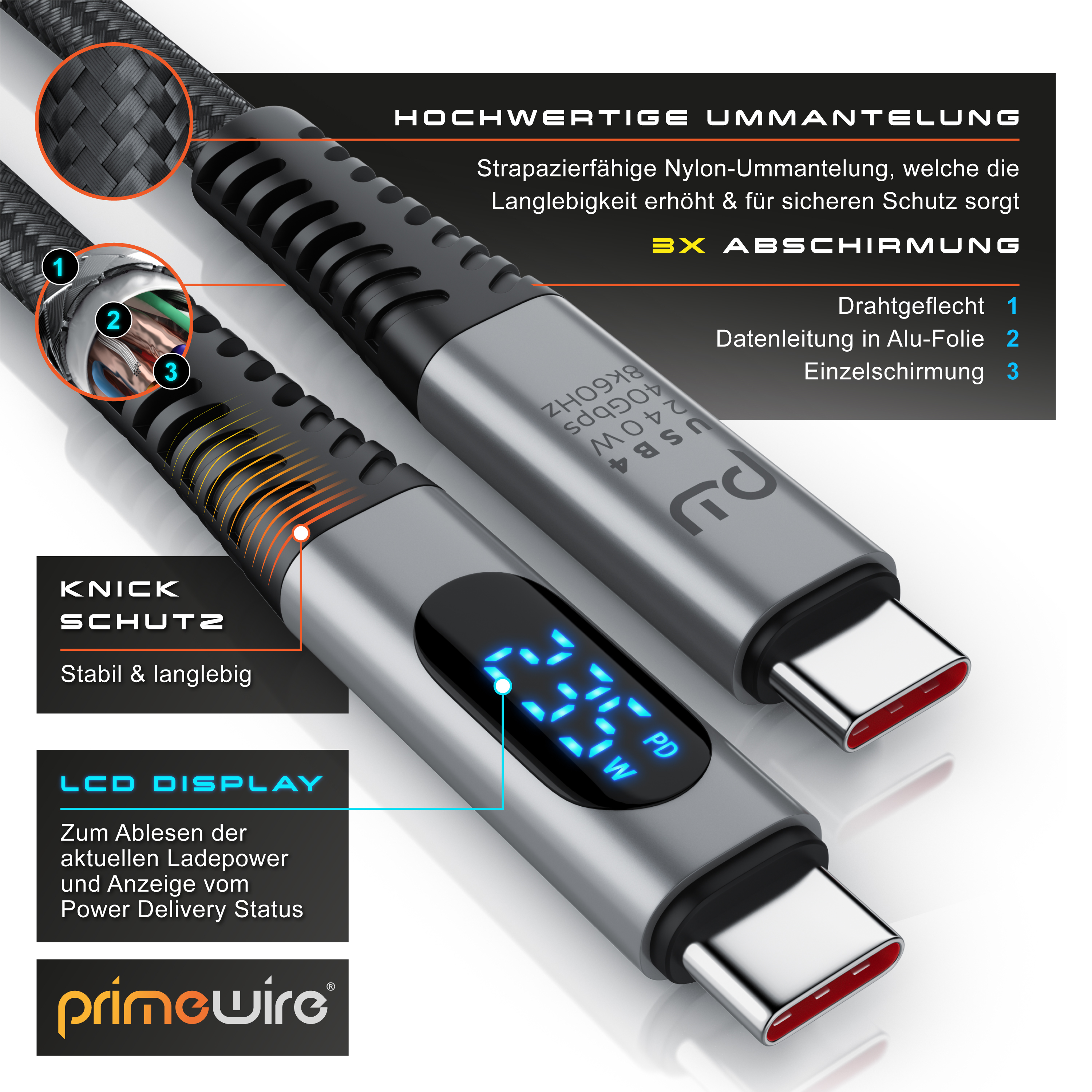 Zwei Primewire USB-C Kabel mit Nylonummantelung, LCD-Display und dreifacher Abschirmung auf dunklem Hintergrund.