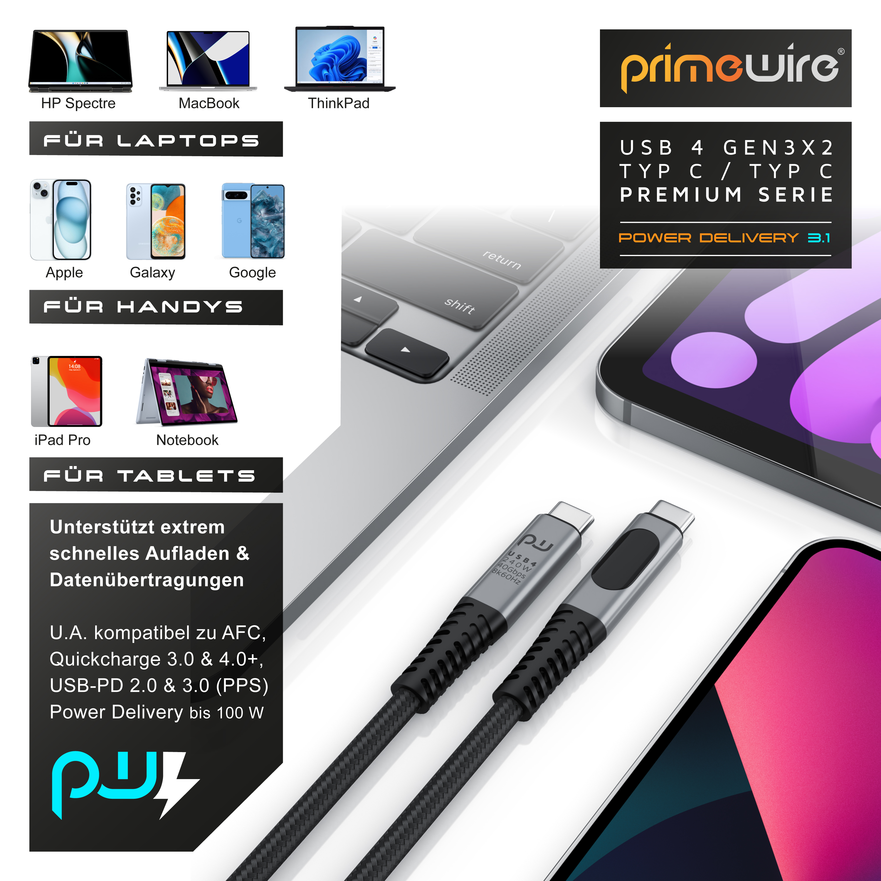 Primewire USB 4 Gen 3x2 Typ-C Kabel für Laptops, Handys und Tablets mit Schnellladung und Datenübertragung.