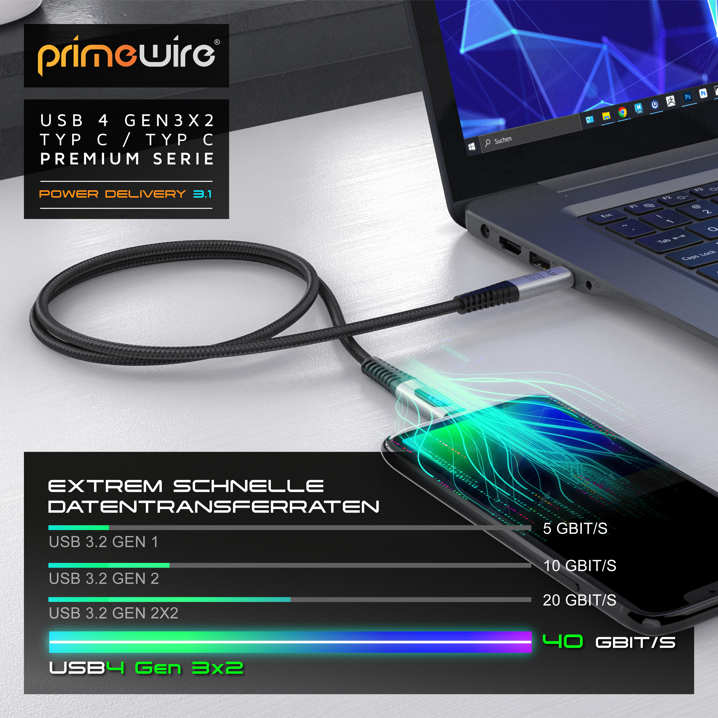 Ein schwarzes USB-C-Kabel verbindet ein Laptop mit einem Smartphone auf einer weißen Oberfläche, mit Geschwindigkeitsdiagrammen.