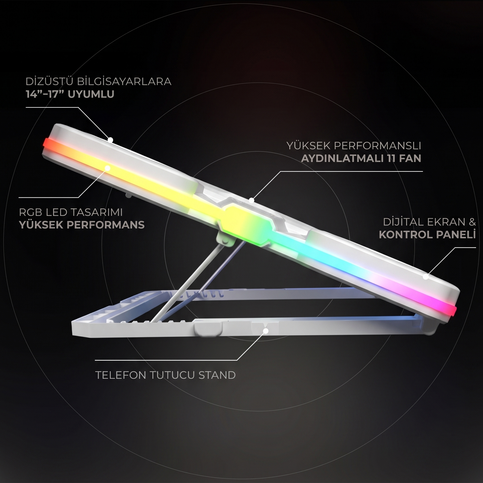 Renkli RGB aydınlatmalı ve özellikleri gösteren metin etiketlerine sahip açılı beyaz laptop soğutucu.