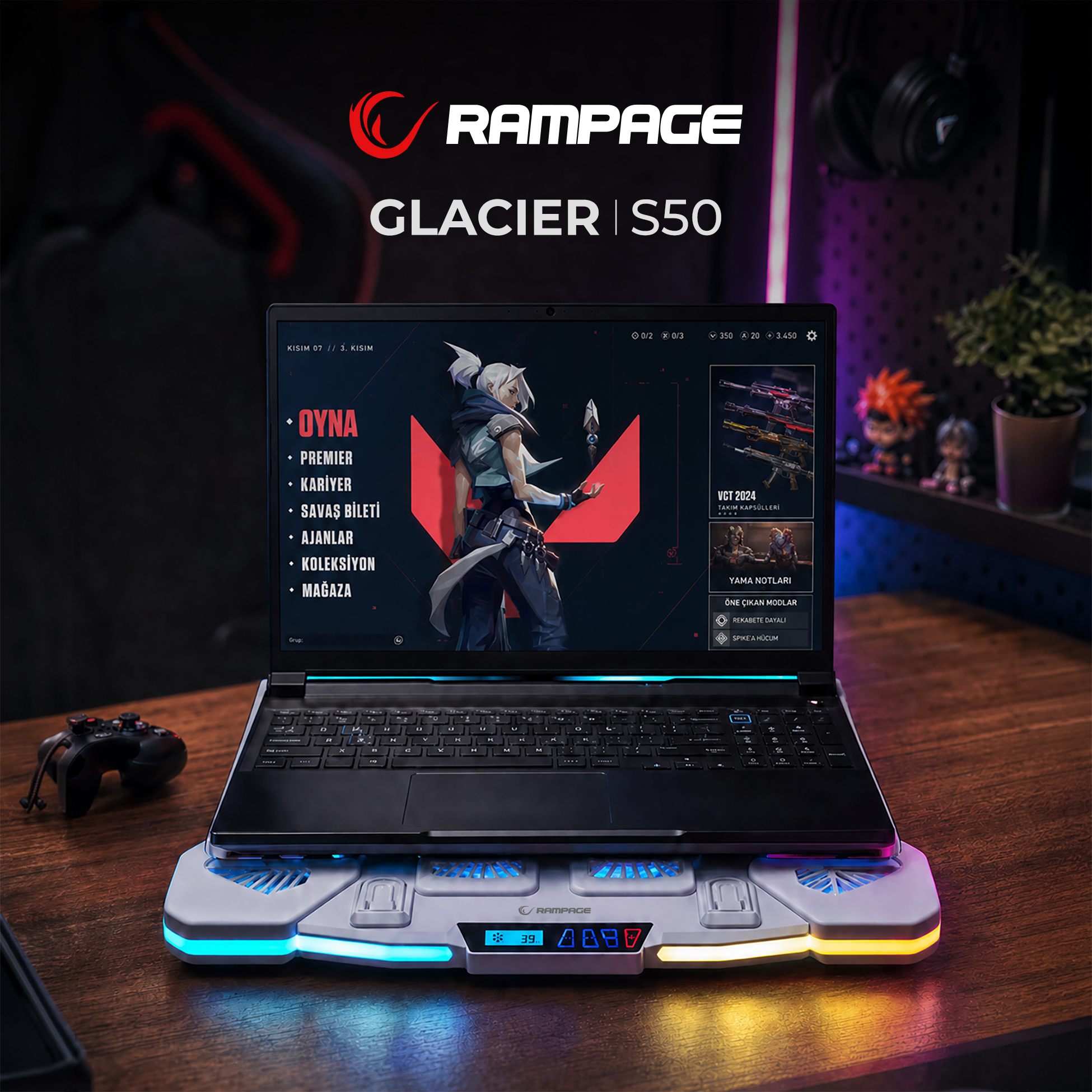 Ahşap masa üzerinde aydınlatmalı soğutucu stand üzerinde Rampage Glacier S50 oyuncu dizüstü bilgisayarı.