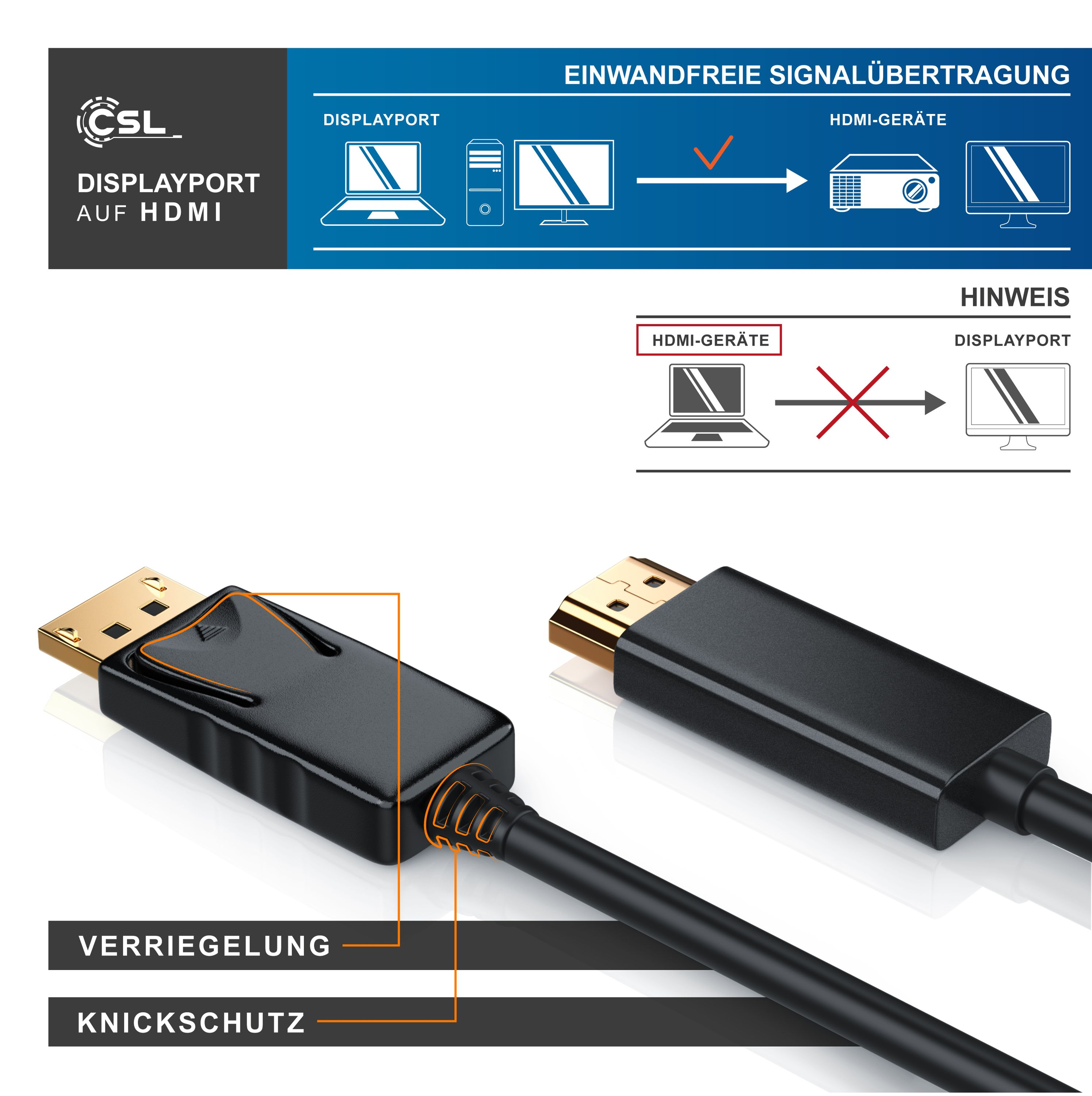 DisplayPort-zu-HDMI-Kabel mit Verriegelung und Knickschutz, zeigt Infografik zur Signalrichtung.