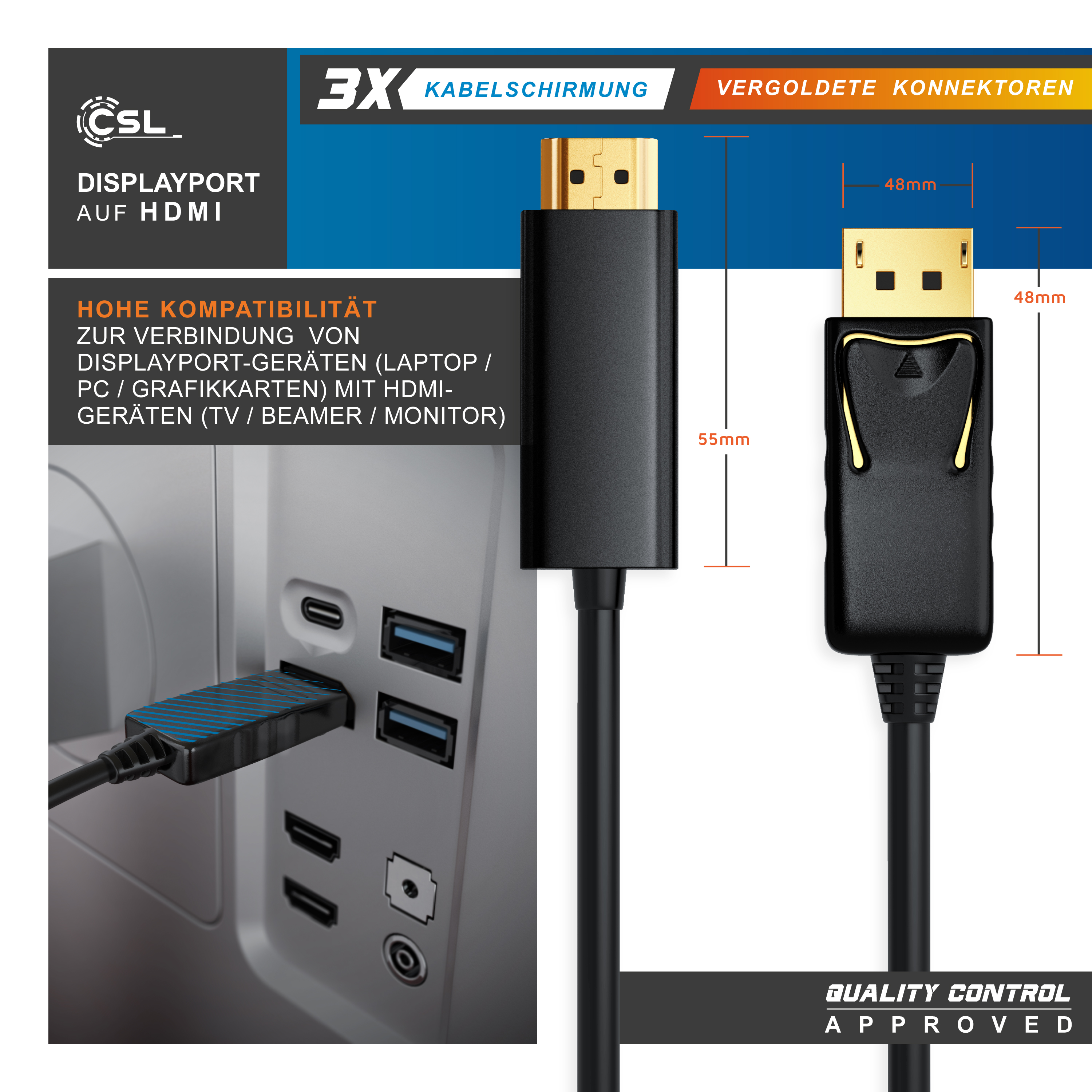 DisplayPort zu HDMI Kabel mit Maßen, Anschlüssen und Kompatibilitätsinfos.