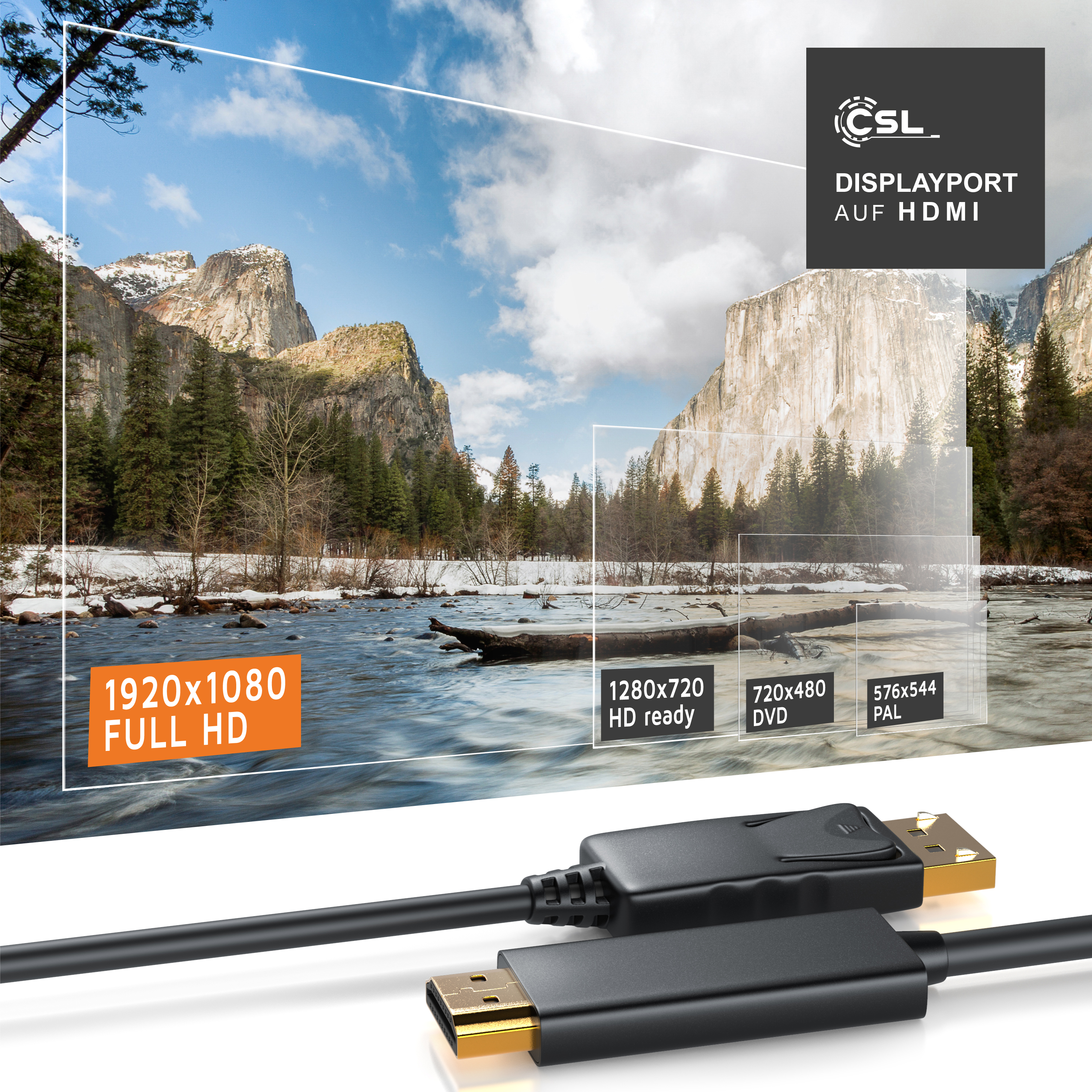 DisplayPort-zu-HDMI-Kabel mit Auflösungsvergleichen vor einer malerischen Bergflusslandschaft.