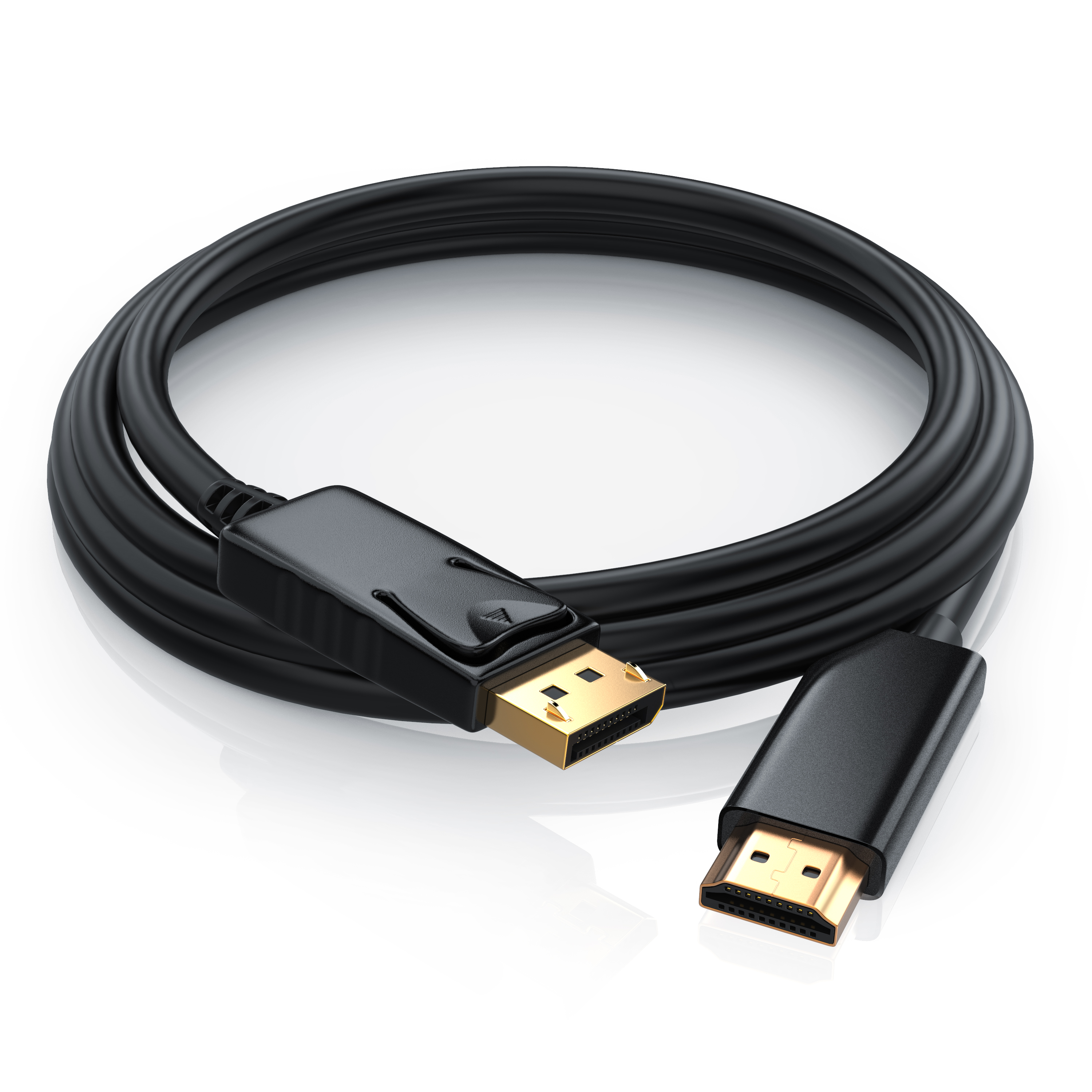 Ein aufgerolltes schwarzes DisplayPort-Kabel mit vergoldeten Anschlüssen auf weißem Hintergrund.