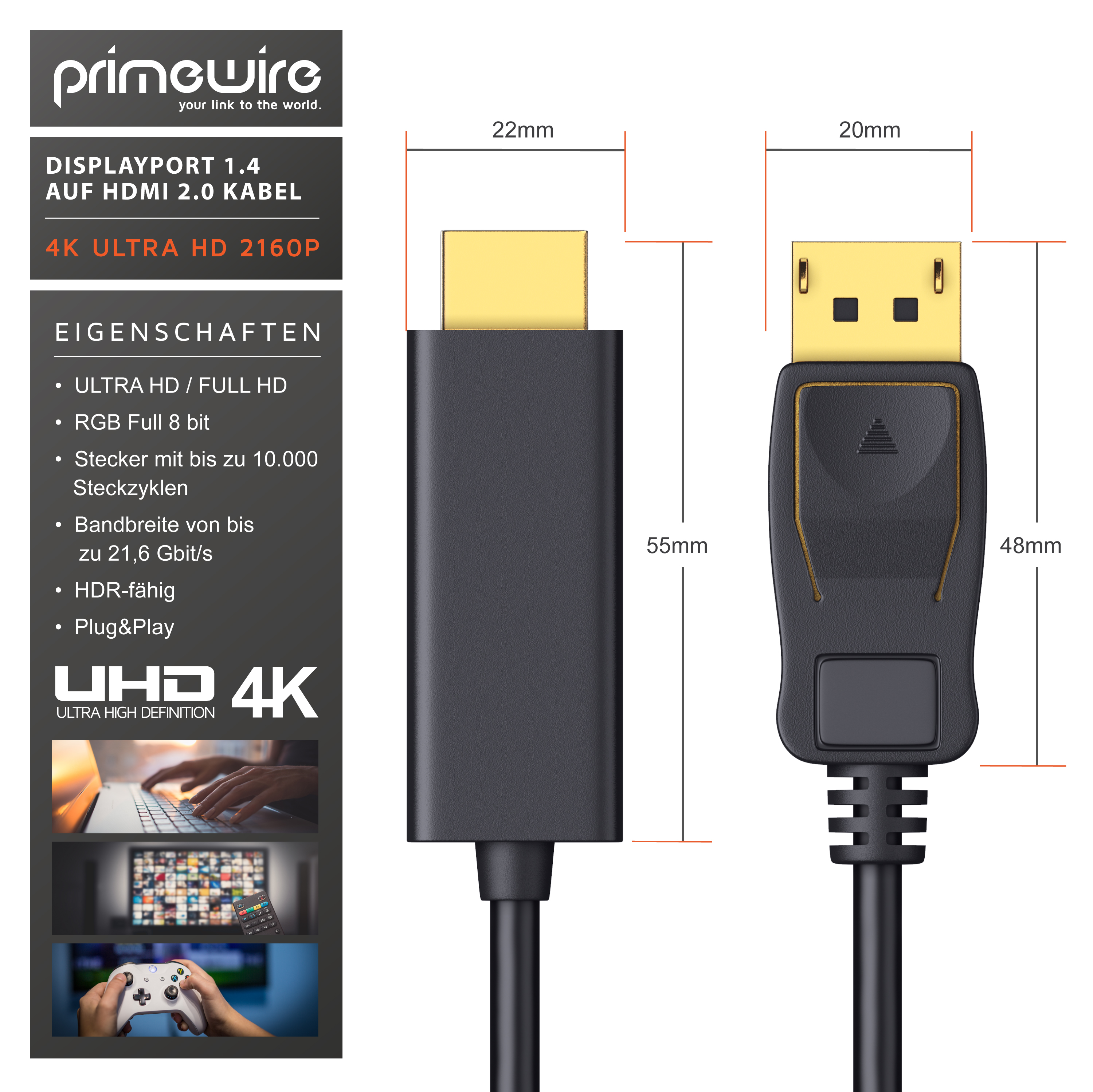 Diagramm mit den Abmessungen von Primewire DisplayPort zu HDMI Kabelsteckern.