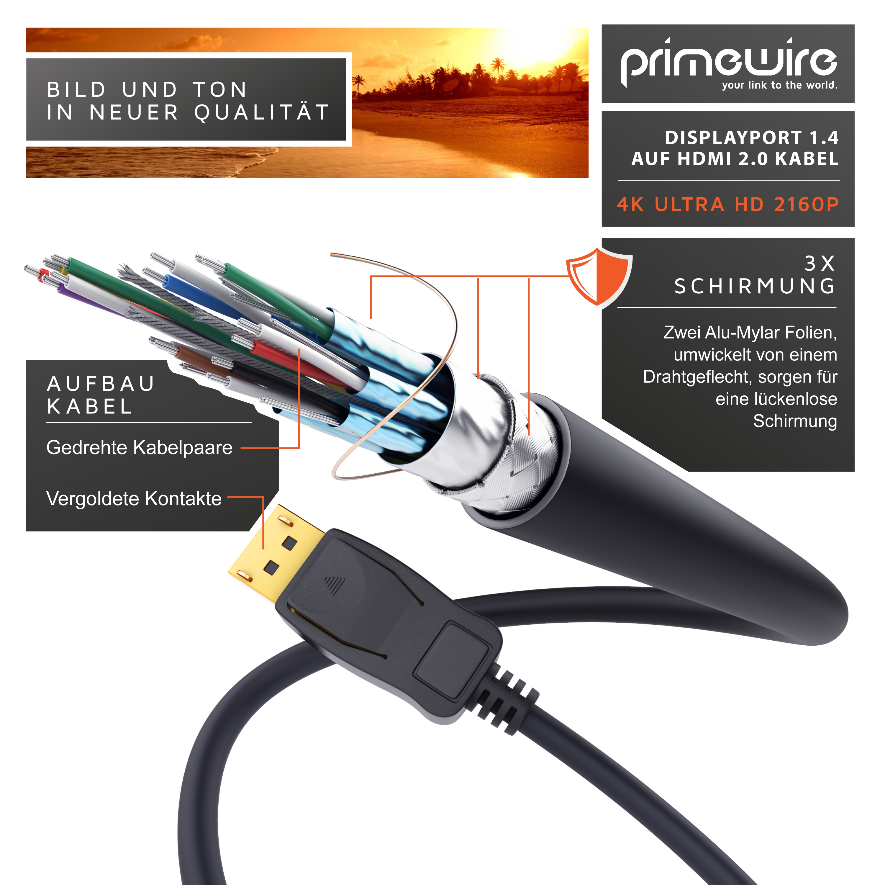 Diagramm eines DisplayPort-zu-HDMI-Kabels mit inneren Adern, Schirmung und Stecker.