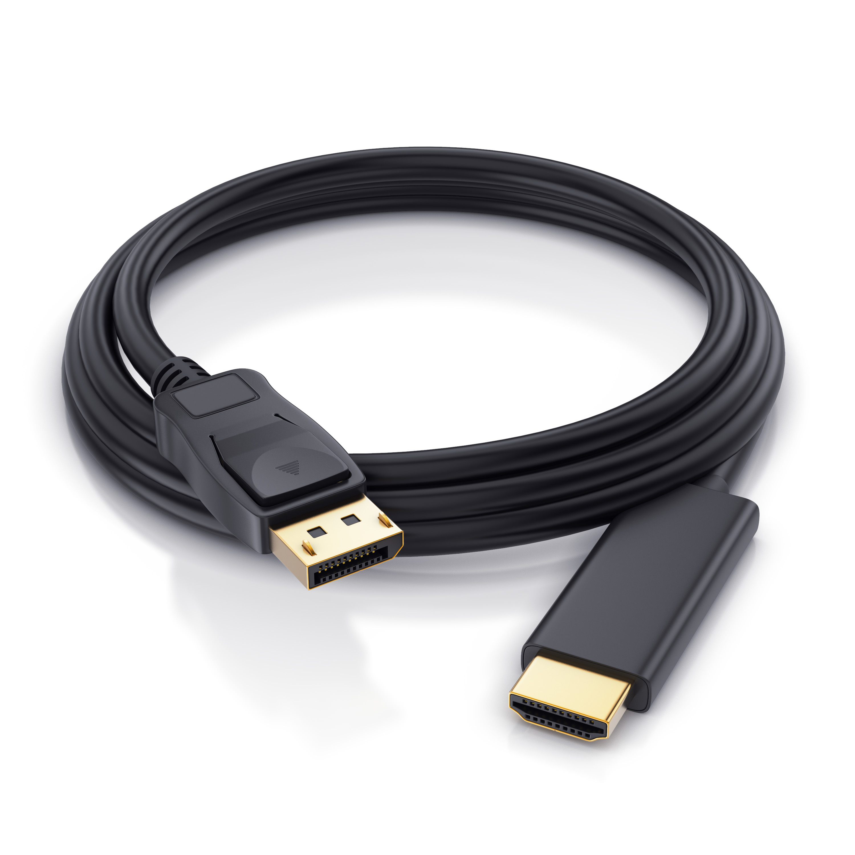 Aufgerolltes schwarzes DisplayPort-auf-HDMI-Kabel mit goldenen Anschlüssen auf weißem Hintergrund.