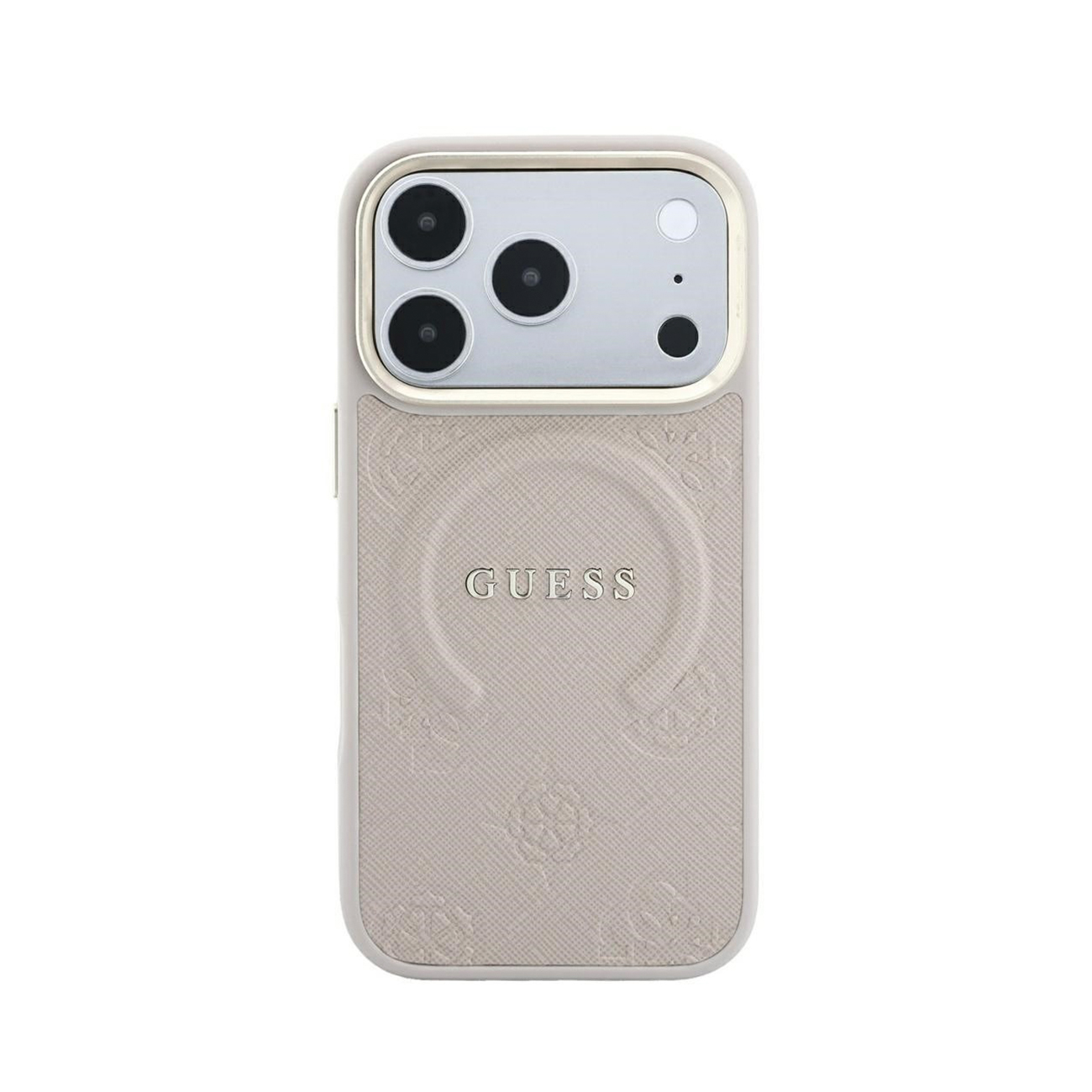 Fundas de móvil beiges con el logotipo de Guess, patrón grabado y módulo de cámara plateado sobre fondo blanco.