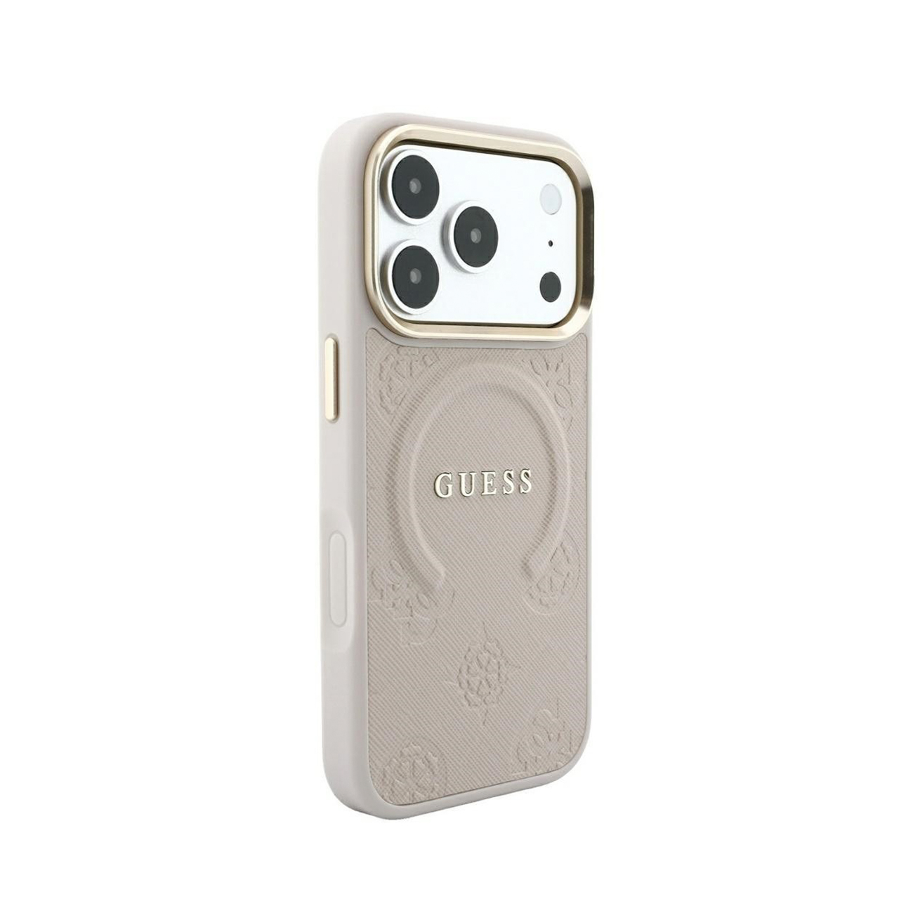 Funda de teléfono Guess beige con detalles dorados y tres anillos de cámara sobre fondo blanco.