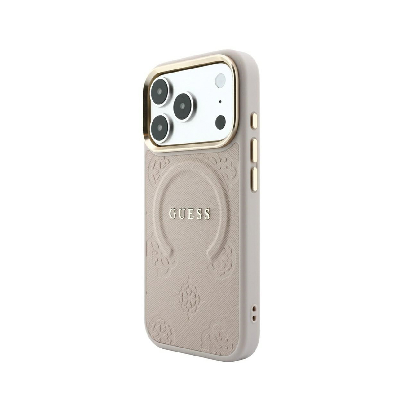 Una funda de móvil Guess beige con detalles dorados, tres lentes de cámara y patrón texturizado sobre fondo blanco.