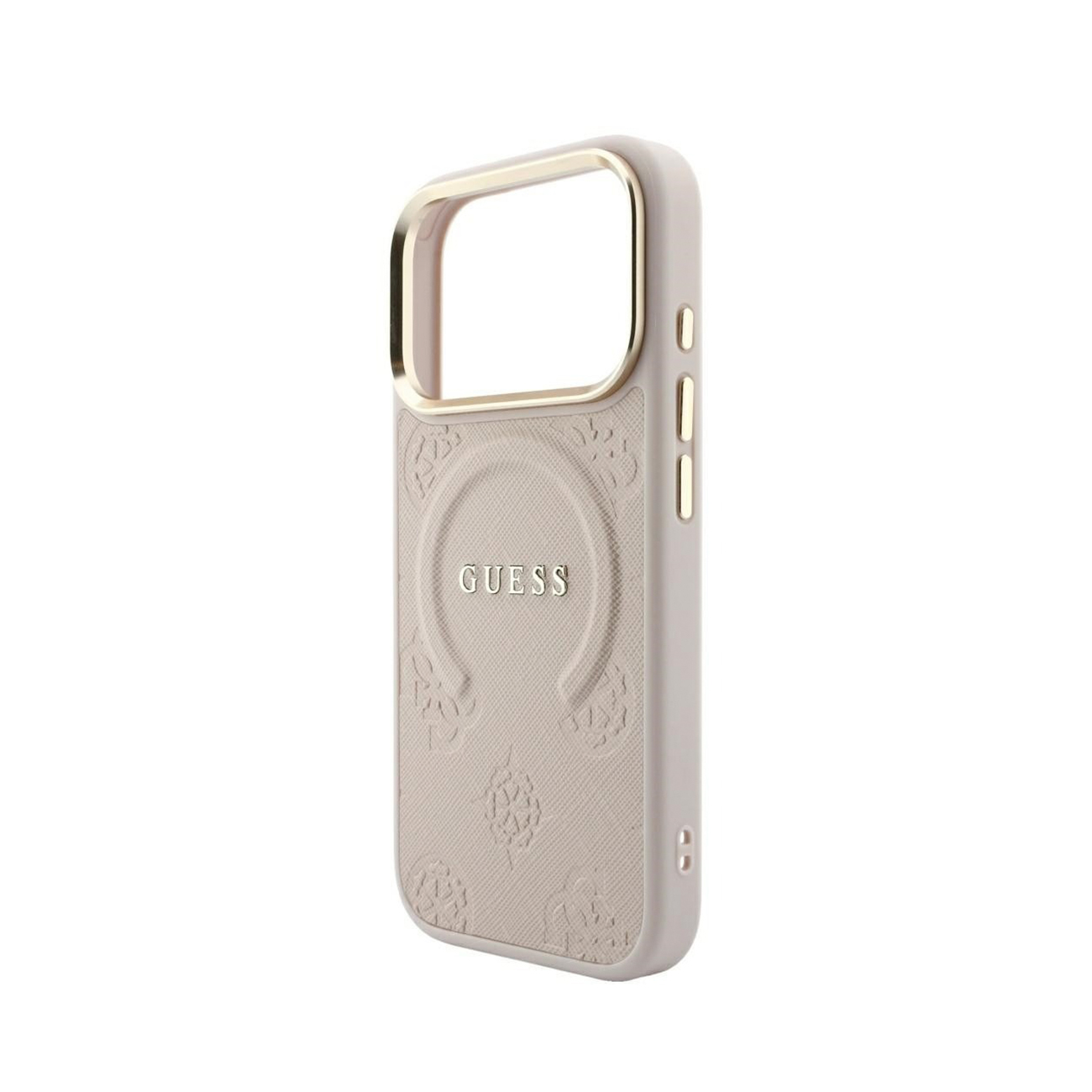Funda de teléfono Guess beige con detalles dorados y logotipo en relieve sobre fondo blanco.