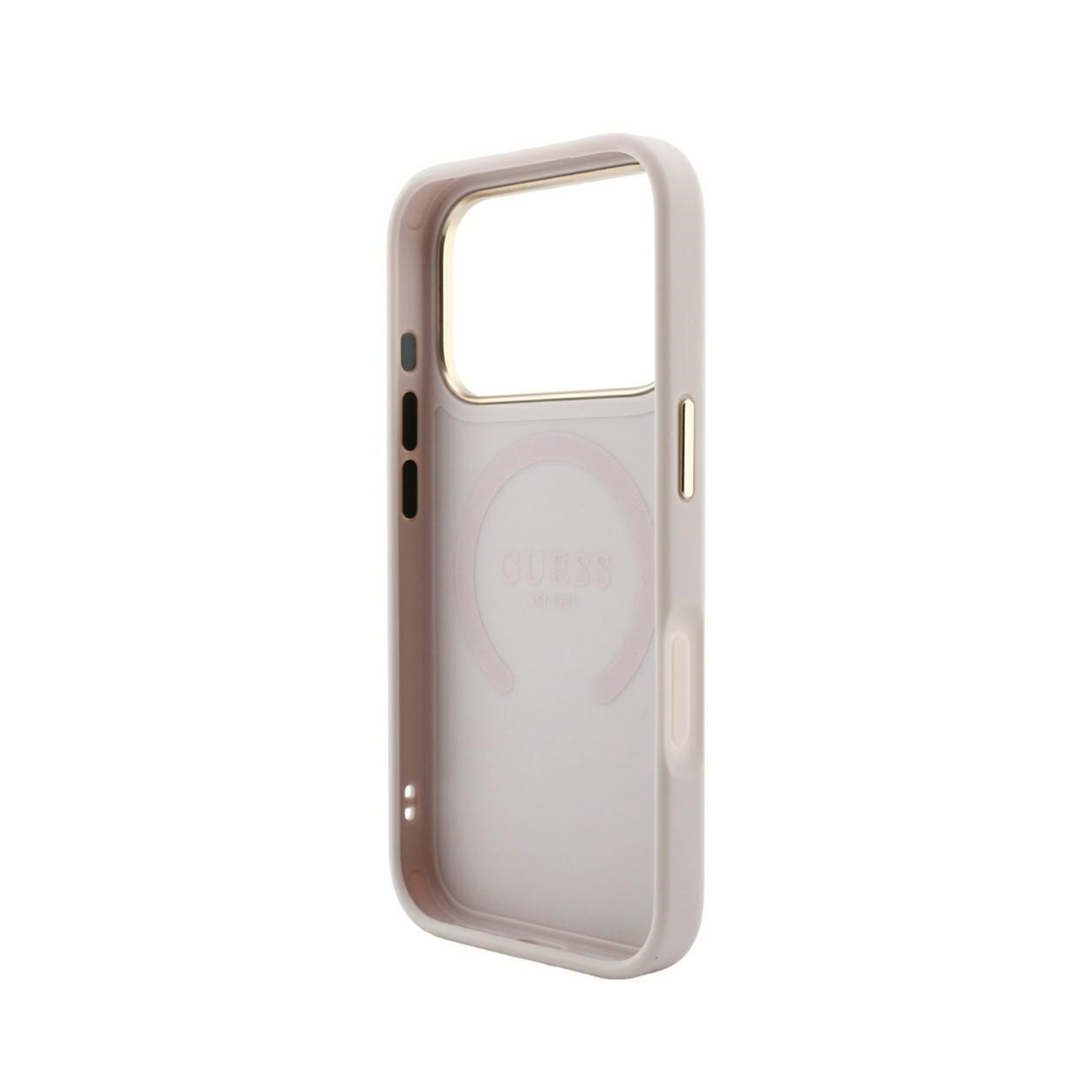 Una funda de móvil rosa de Guess con detalles dorados y anillo MagSafe sobre fondo blanco.