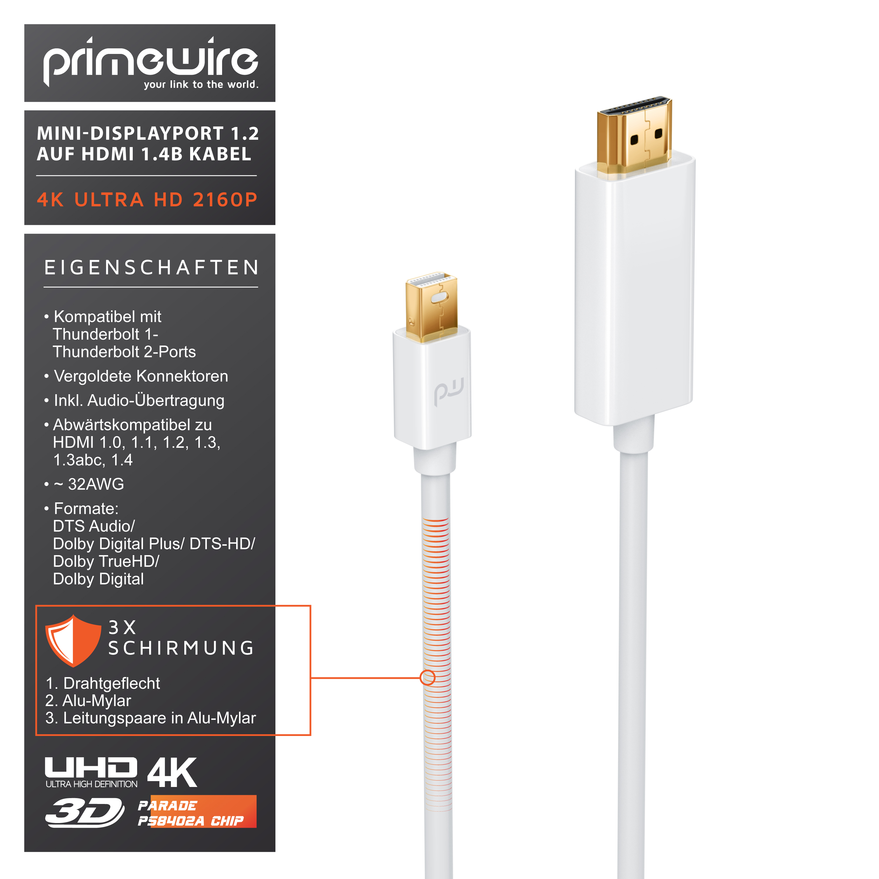 Primewire Mini-DisplayPort zu HDMI-Kabel mit goldenen Anschlüssen und Spezifikationen.