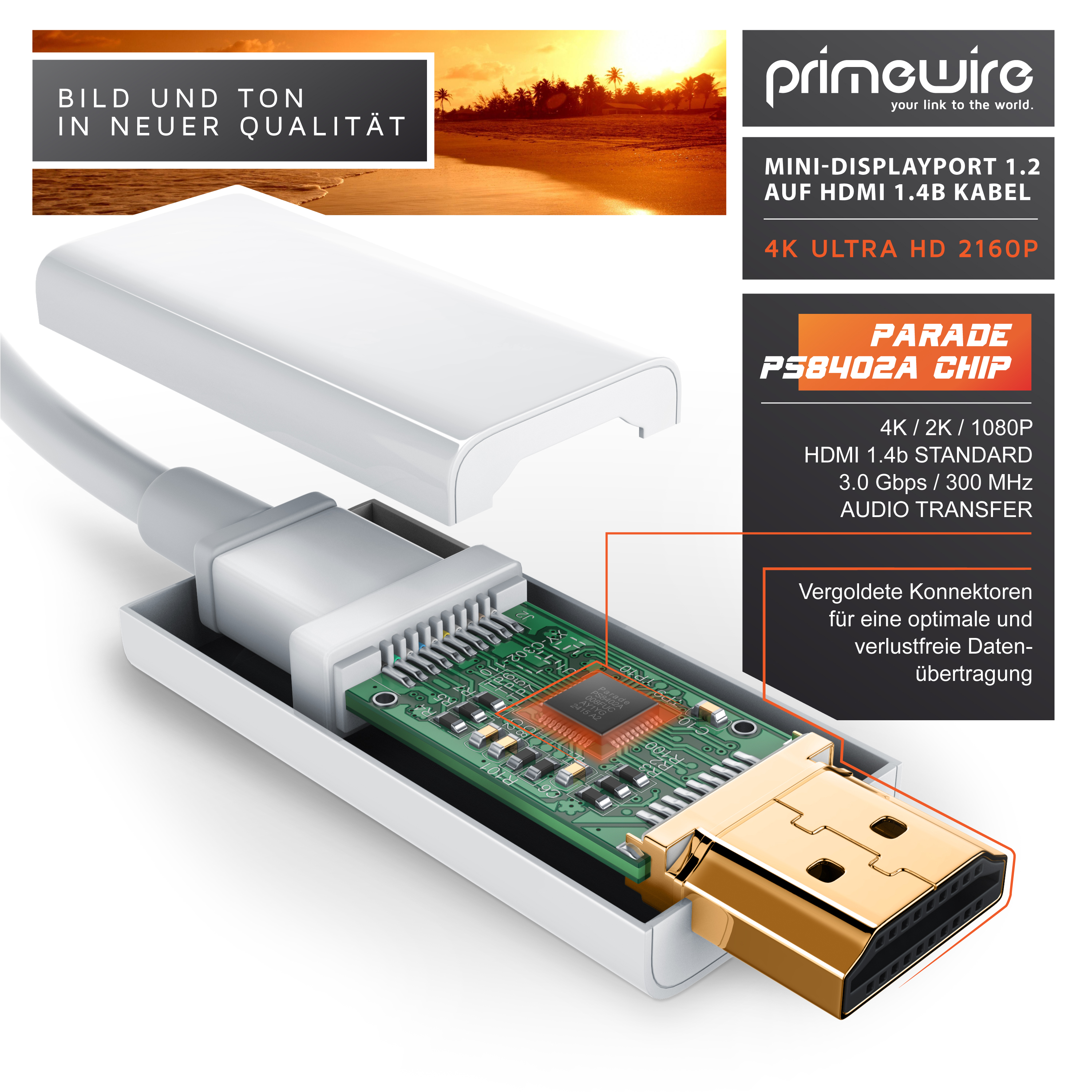 Ein offener Mini-DisplayPort zu HDMI Adapter zeigt die grüne Platine und den goldenen Stecker mit Textgrafiken.