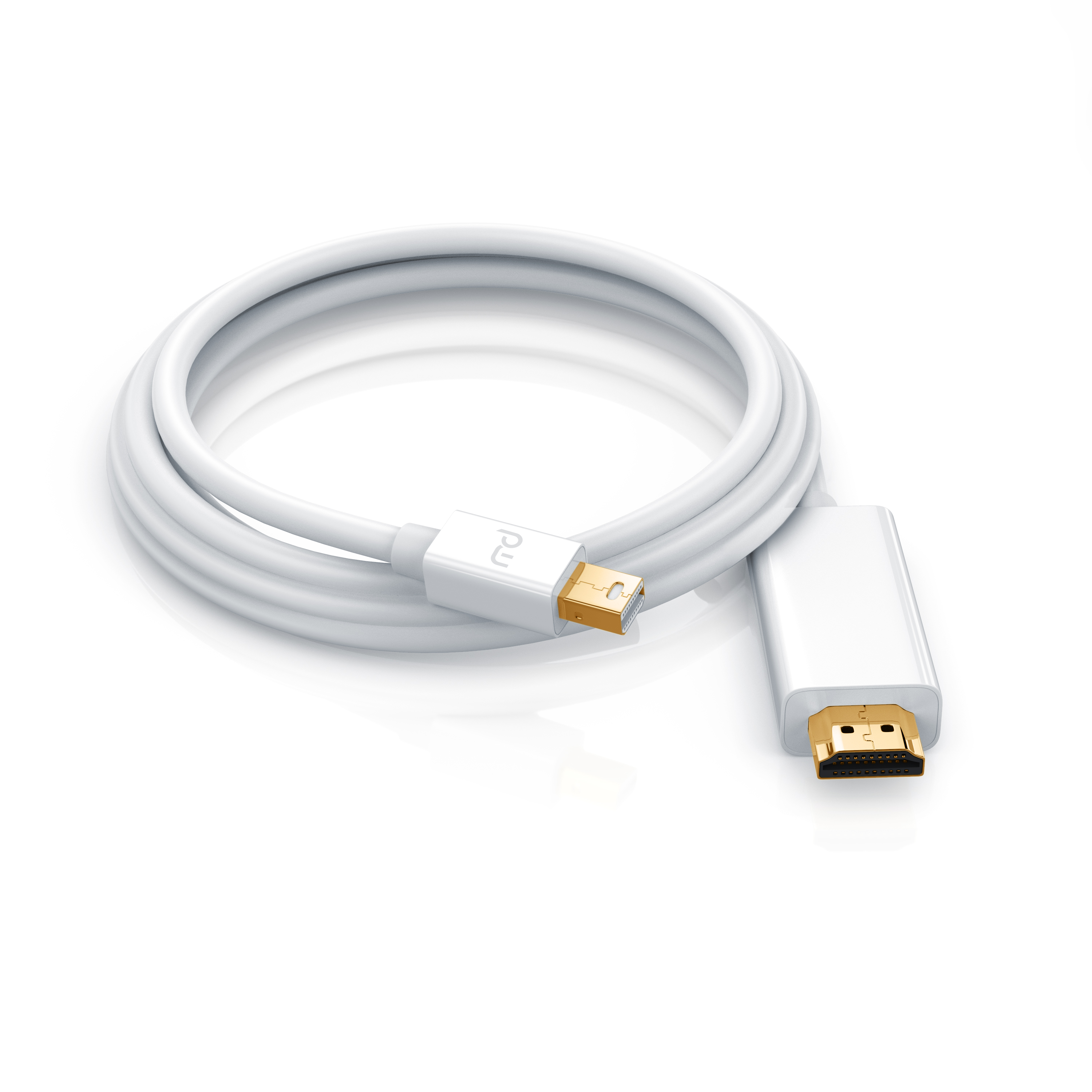 Ein weißes Kabel mit goldenen Steckern, aufgerollt vor weißem Hintergrund.