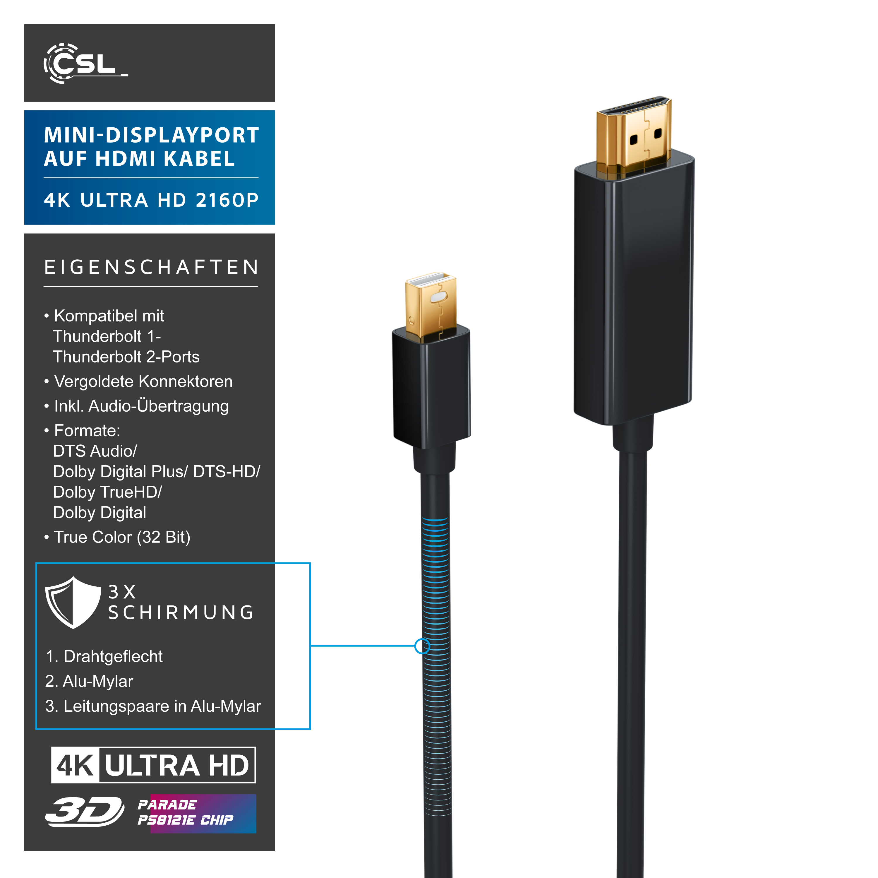 Mini-DisplayPort-auf-HDMI-Kabel mit vergoldeten Anschlüssen und Eigenschaften-Liste links auf grauem Hintergrund.