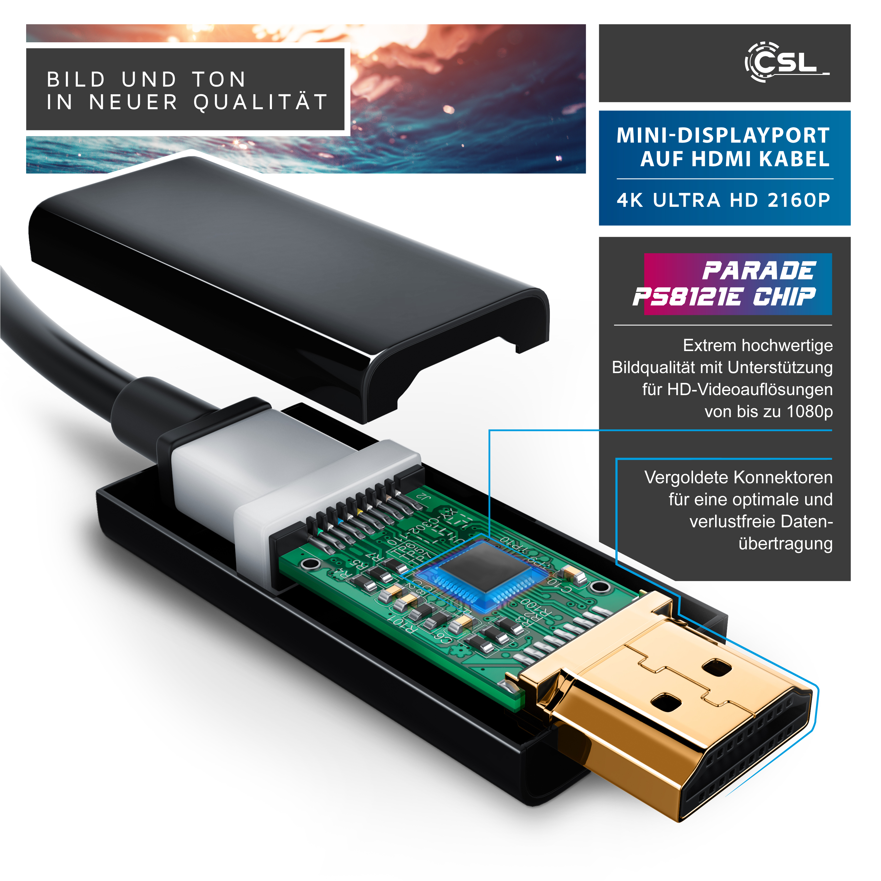Technikansicht eines Mini-Displayport-zu-HDMI-Kabels mit freiliegender Platine und Chip.