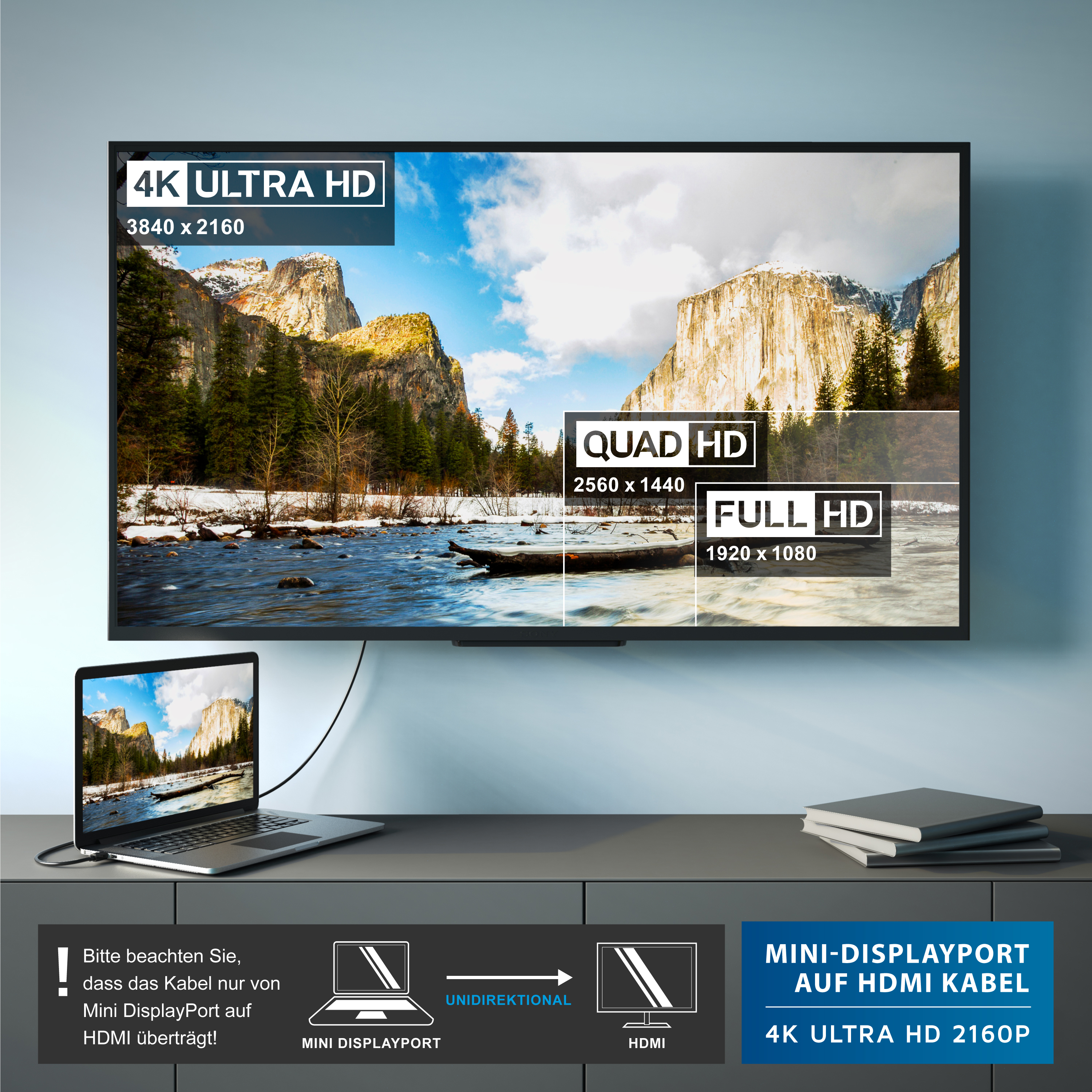 Ein Laptop ist mit einem Fernseher verbunden, der verschiedene Auflösungen von Full HD bis 4K zeigt.