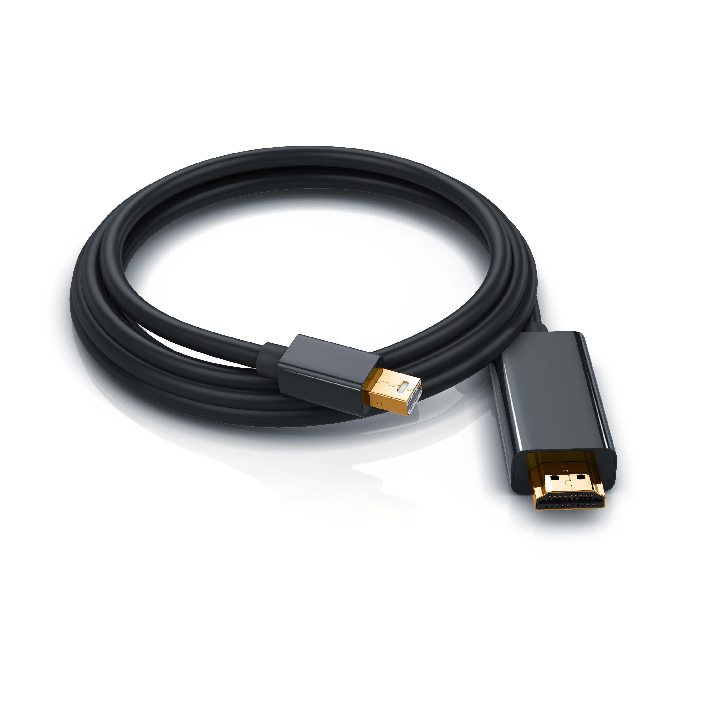 Ein schwarzes, aufgerolltes Kabel mit vergoldeten Anschlüssen vor weißem Hintergrund.