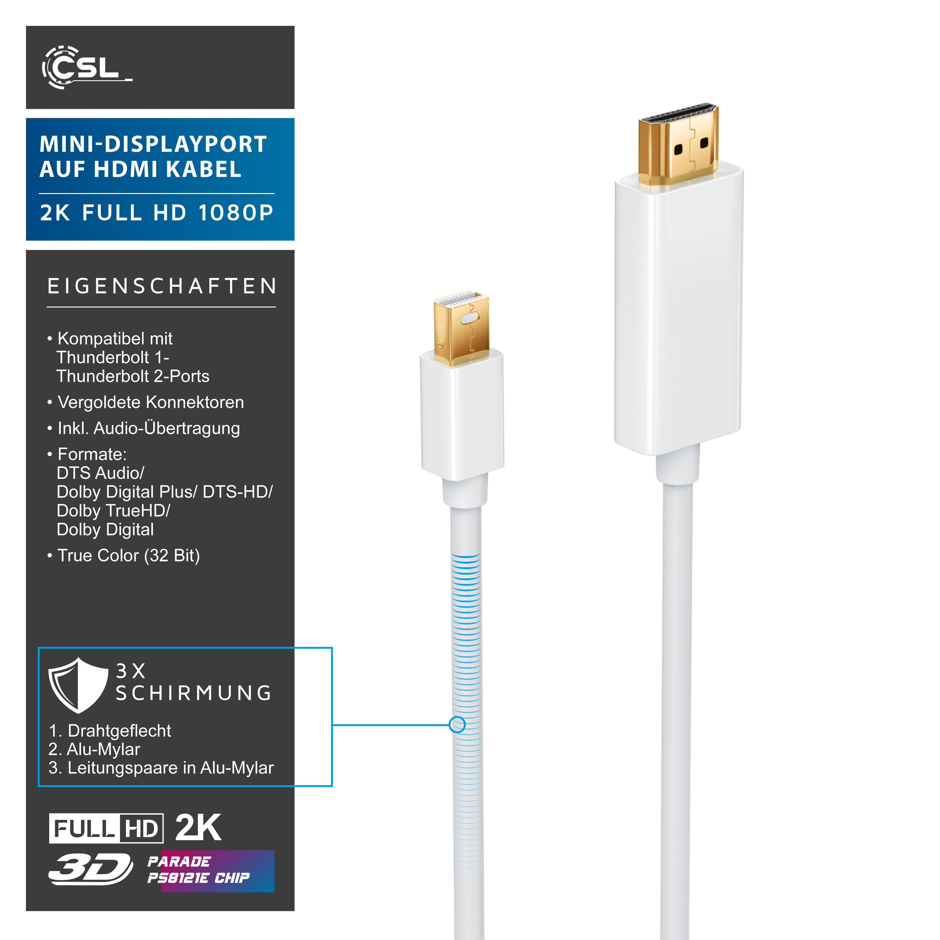 Weißes Mini-Displayport-zu-HDMI-Kabel mit vergoldeten Anschlüssen und technischen Eigenschaften.