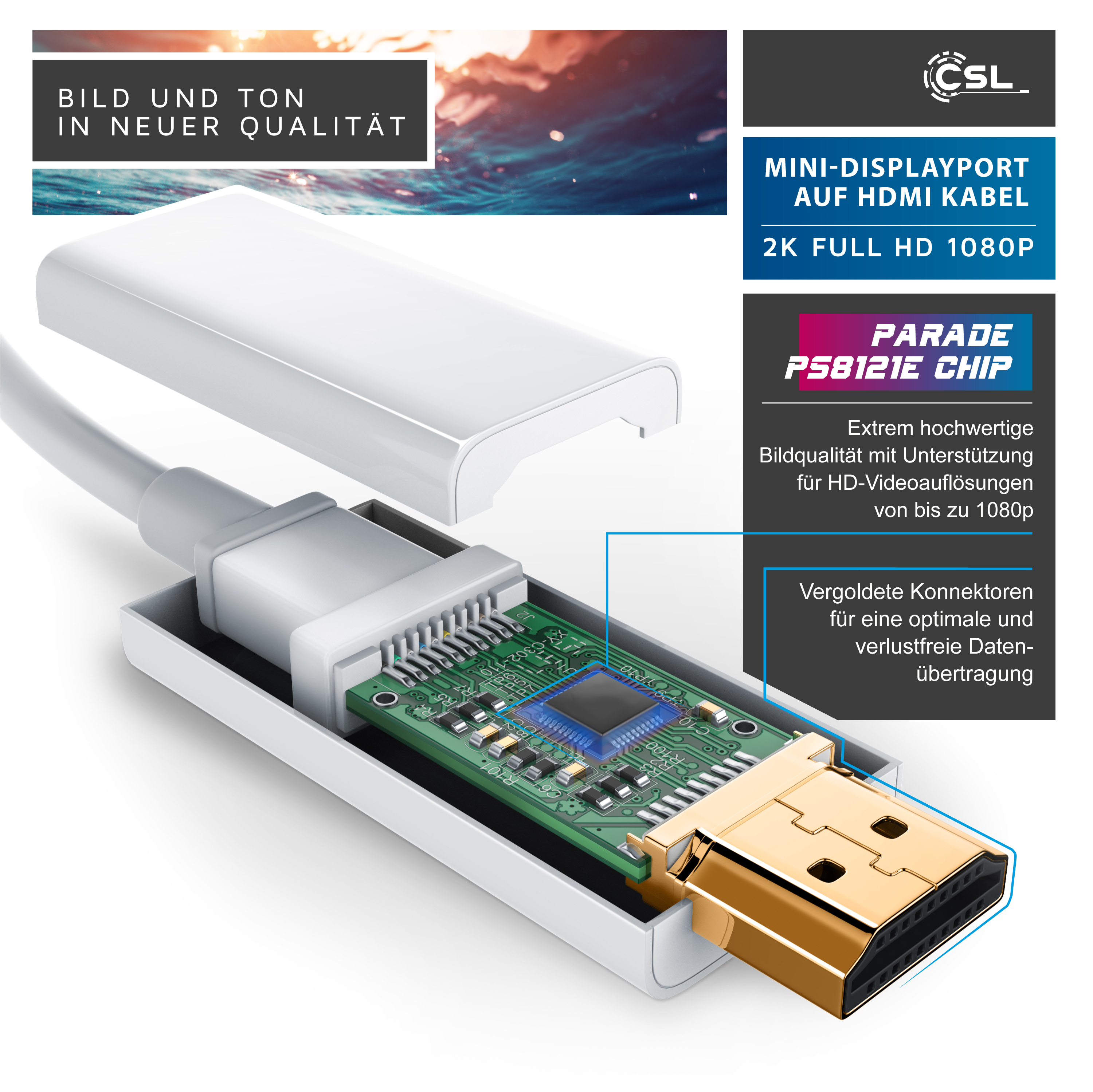 Mini-DisplayPort auf HDMI Kabel mit offenem Gehäuse und Blick auf den Parade PS8121E Chip und goldene Anschlüsse.