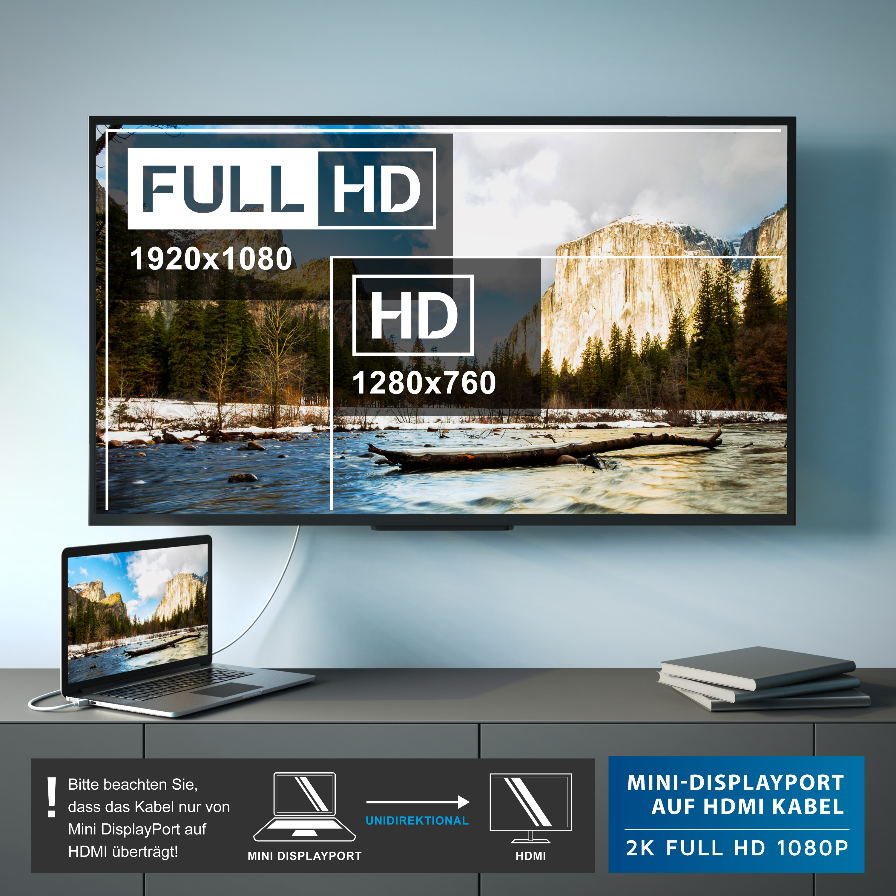 Ein Laptop ist mit einem Wandfernseher verbunden, um ein Bergbild in Full HD Qualität zu zeigen.