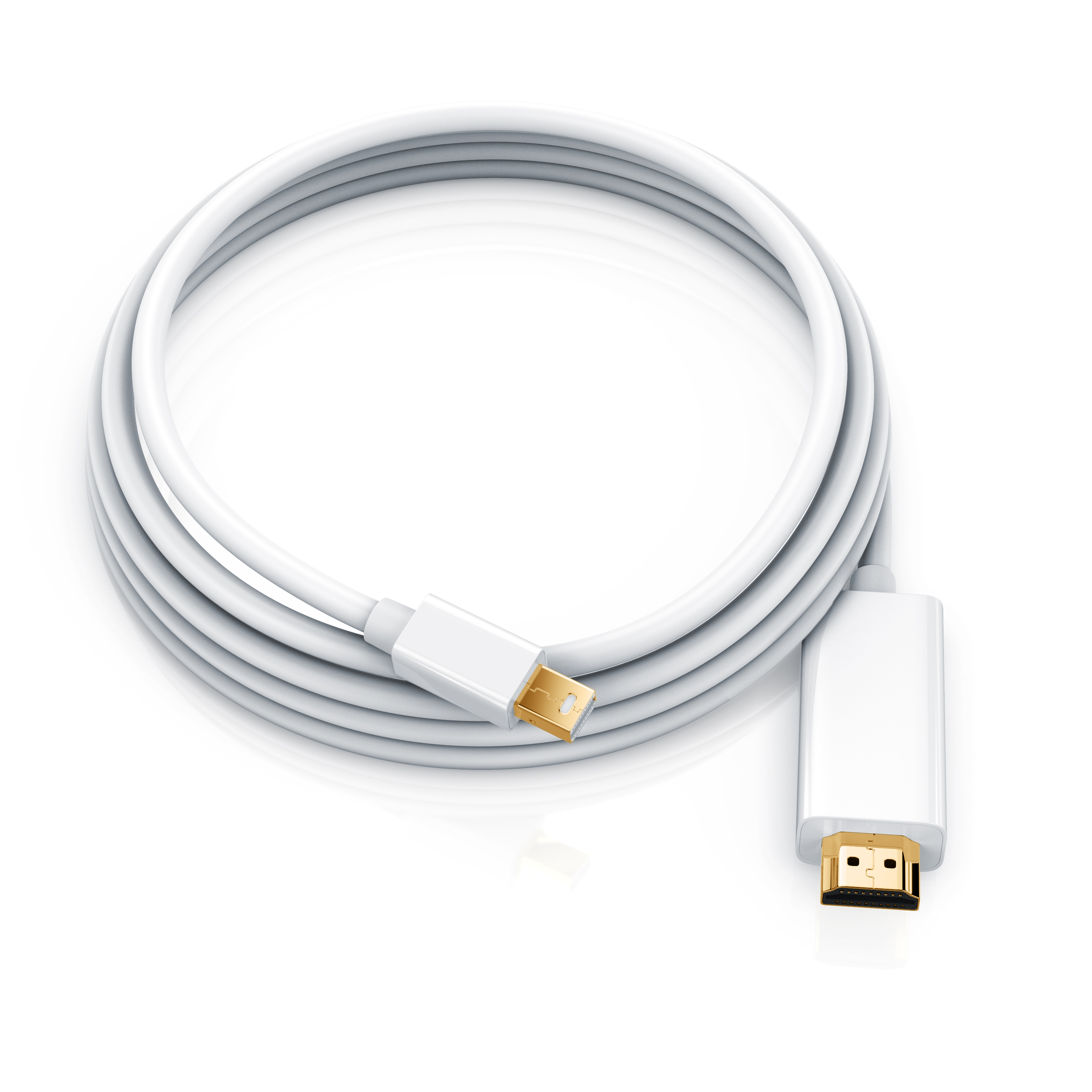 Ein weißes Kabel mit goldenen Anschlüssen, aufgerollt auf weißem Hintergrund.