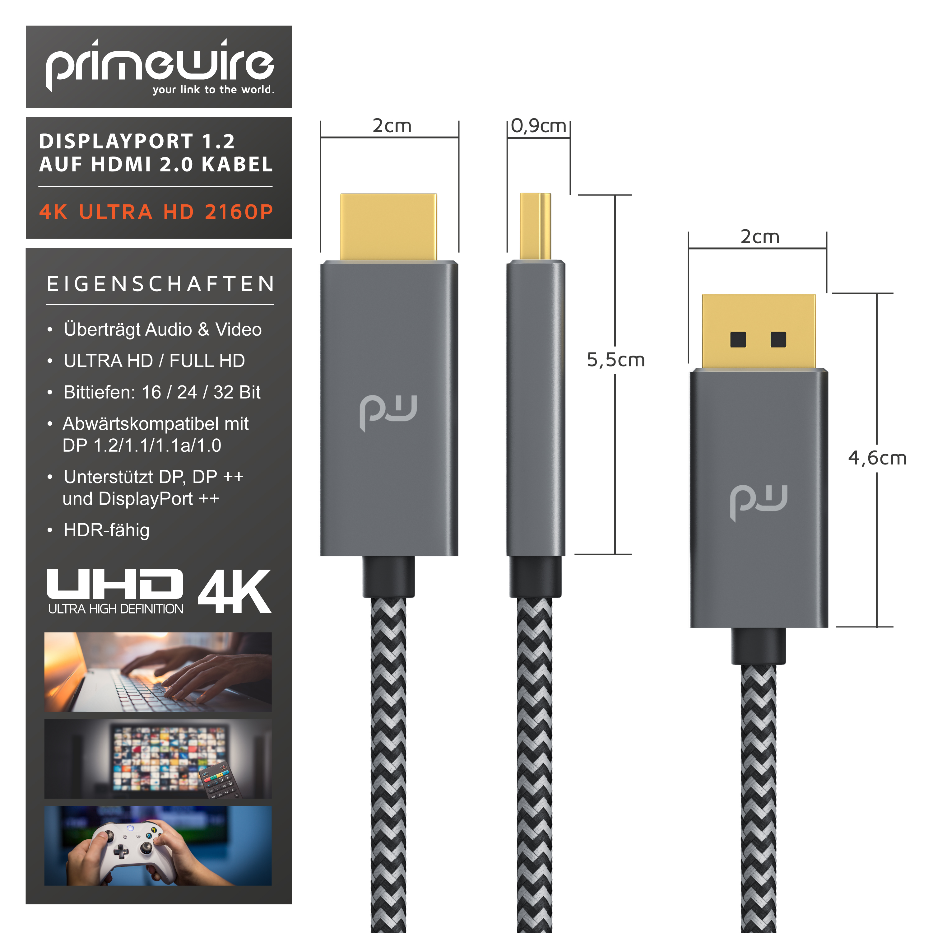 Technische Zeichnung eines Primewire DisplayPort zu HDMI Kabels mit Maßen, Merkmalen und Anwendungsbildern.